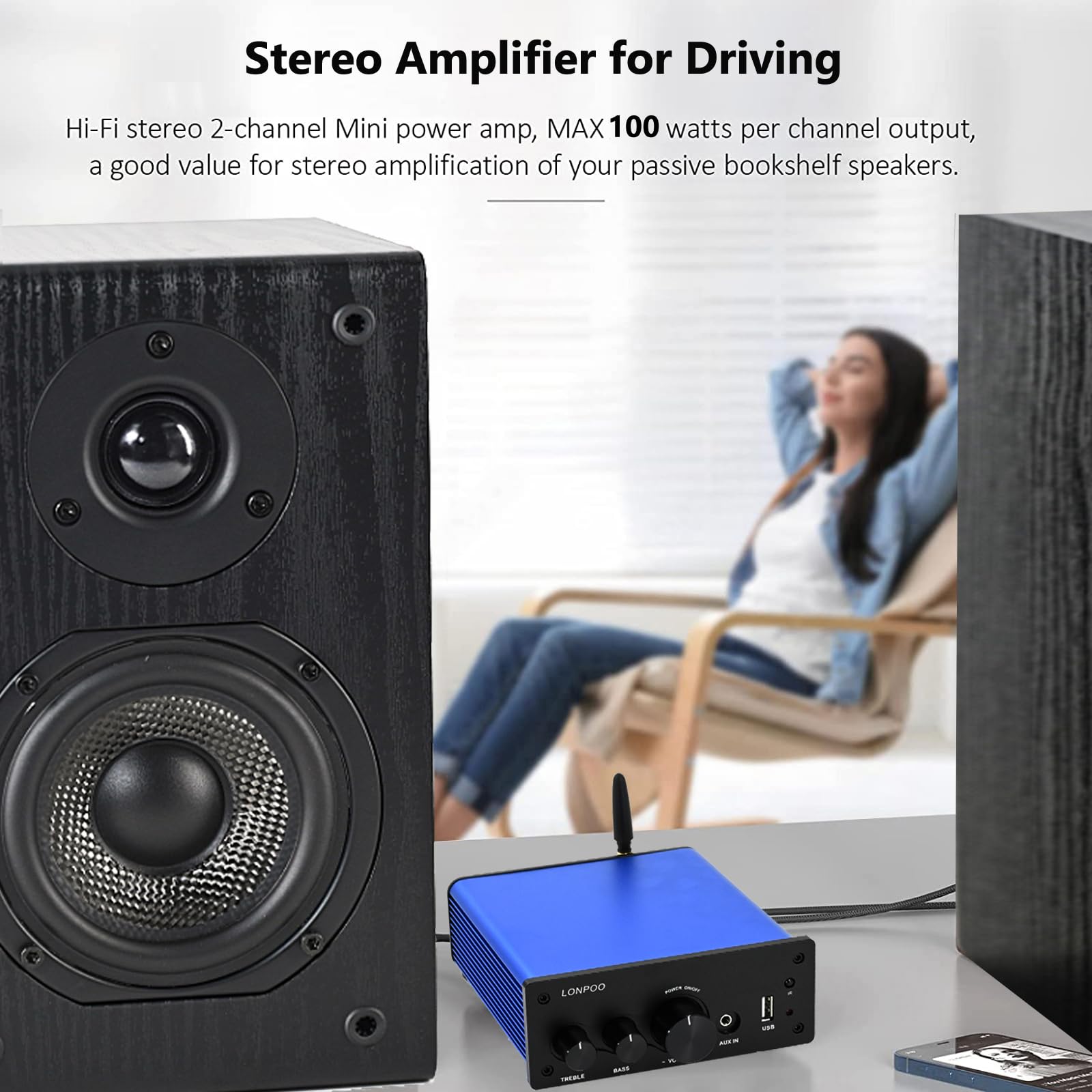 LONPOO Mini Hi-Fi Amplifier with Remote Control, Bluetooth Stereo