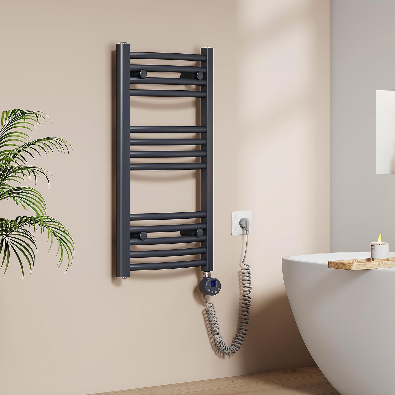 EMKE Radiador Toallero Eléctrico para Baño 75 x 40 cm, Antracita, 250 W | Radiador Curvado con WiFi Termostato, Calientatoallas Eléctrico, Soporte Toallero Eléctrico
