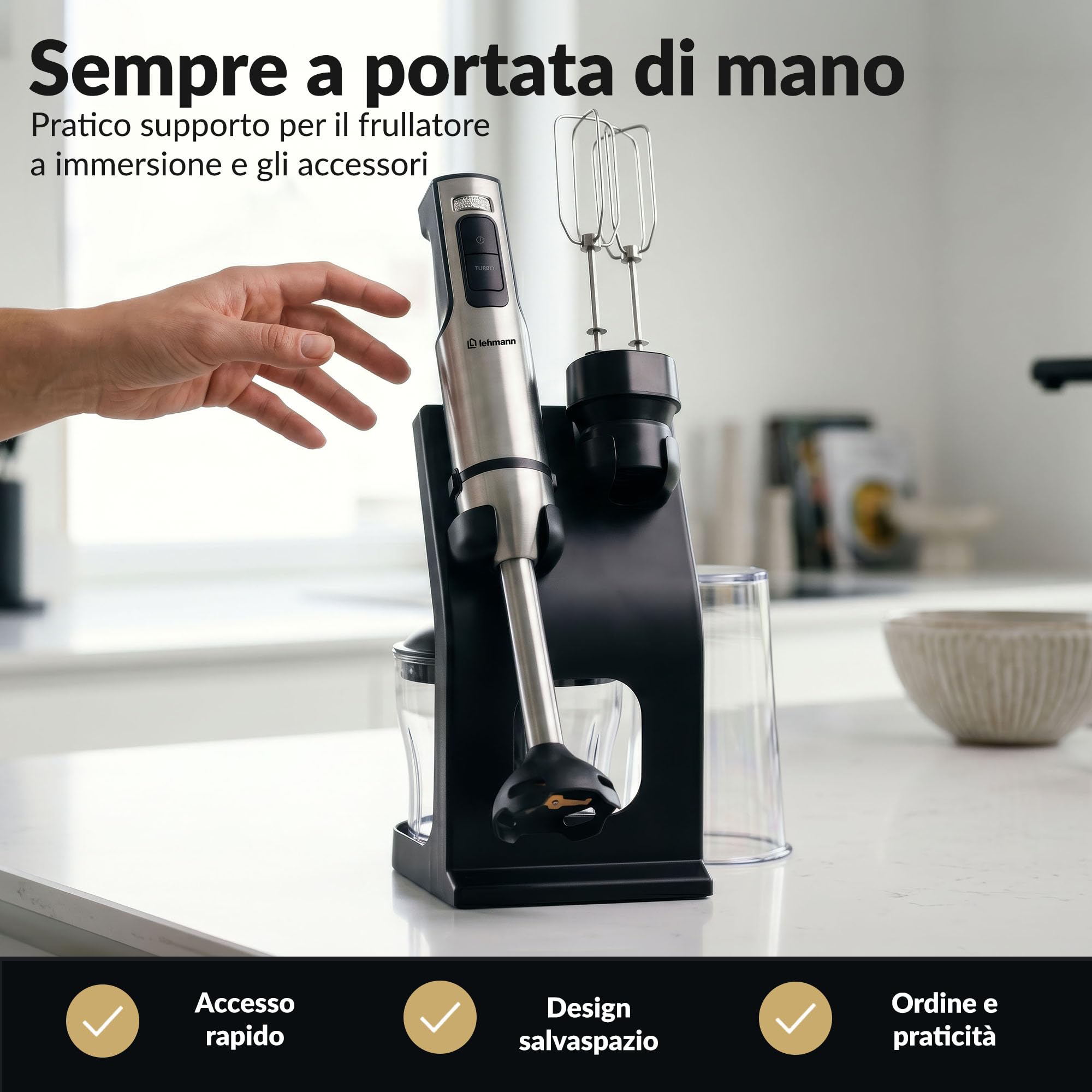 LEHMANN Set Frullatore a Immersione Multifunzione 6 in 1 con Supporto, 2000 W, 12 Velocità e Turbo, 7 Accessori, Bicchiere 800 ml e Tritatutto 600 ml, Display con Velocità visibile, senza BPA