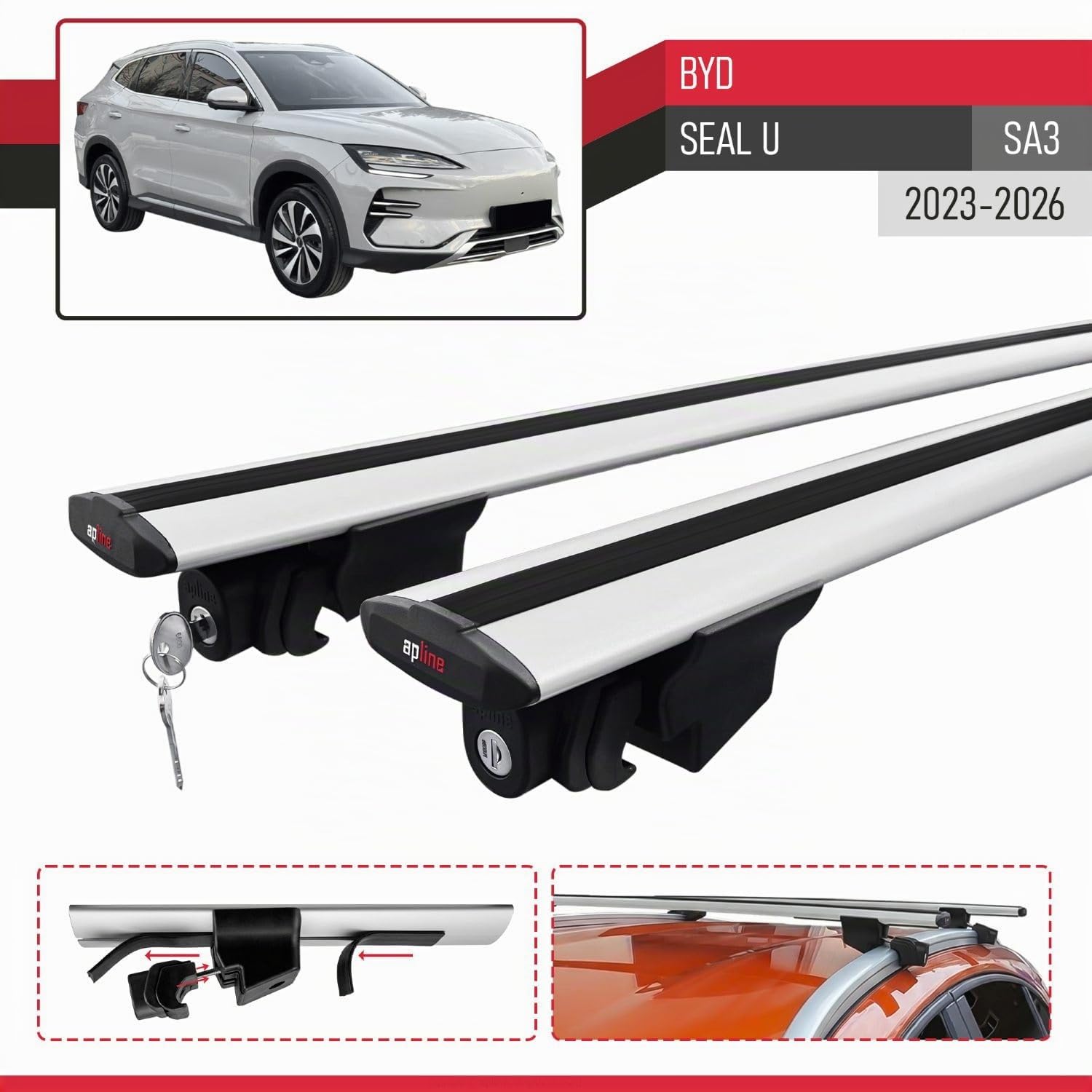 Compatible con BYD Seal U (SA3) 2023-2026 Modelo Hook Barra de Techo Auto Portaequipajes Barras Transversales Gris Aluminio 2 Barras