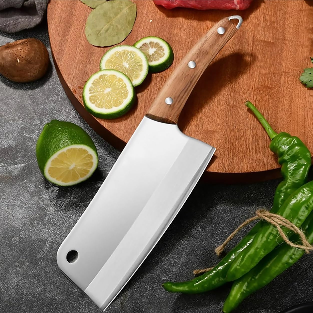 Meat Cleaver,Cleaver Knife Stainless Steel Slicing Knife Kitchen Lady Model Sharp Meat Cleaver Curved Wooden Handle Mincing Kitchen Knife