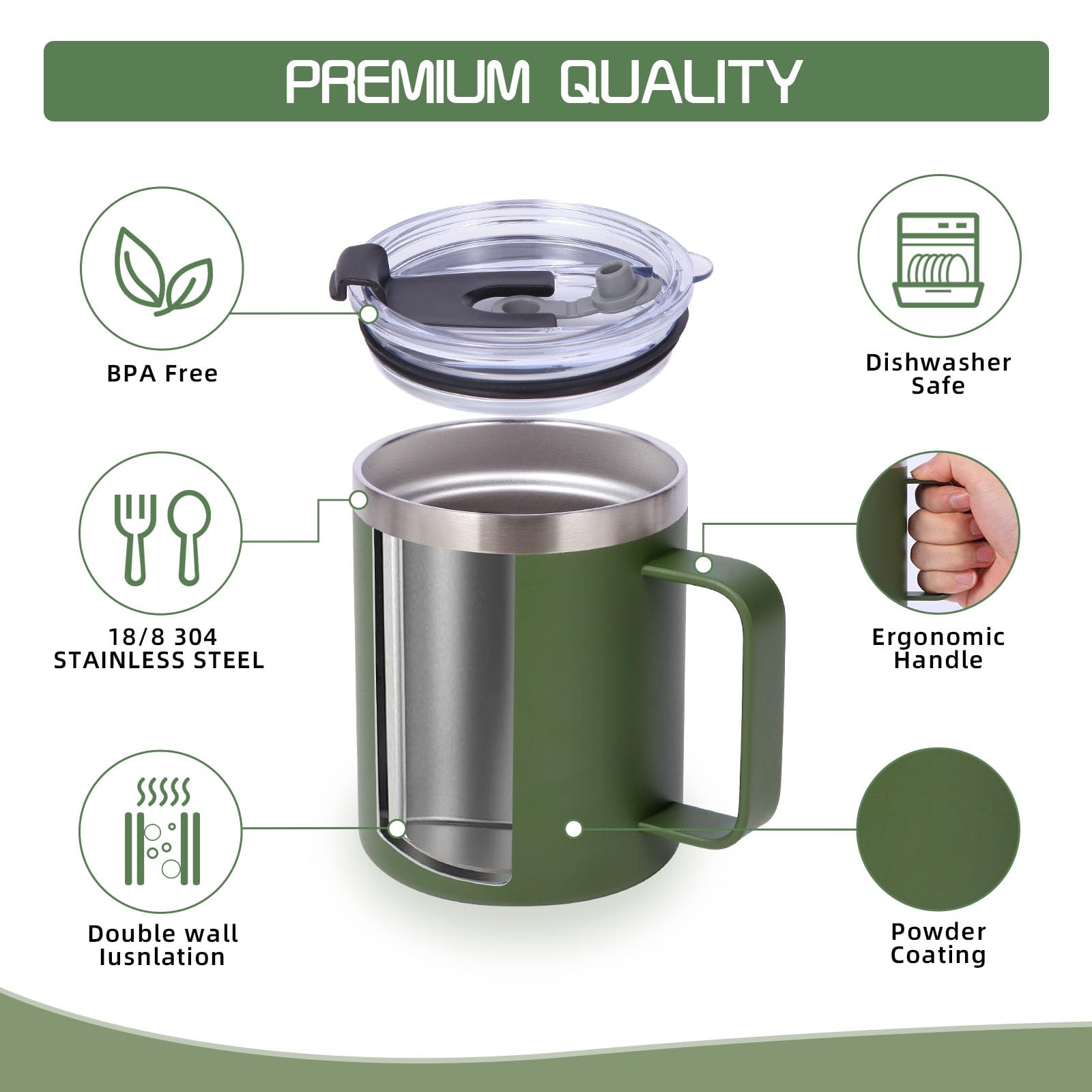 Volhoply 12oz Insulated Leakproof Coffee Mug with Sliding & Straw Lid,Double Wall Vacuum Stainless Steel Travel Tumbler Cup with Handle,Reusable Camping Mugs Keep Cold/Hot(Army Green,1 Set) - Image 3