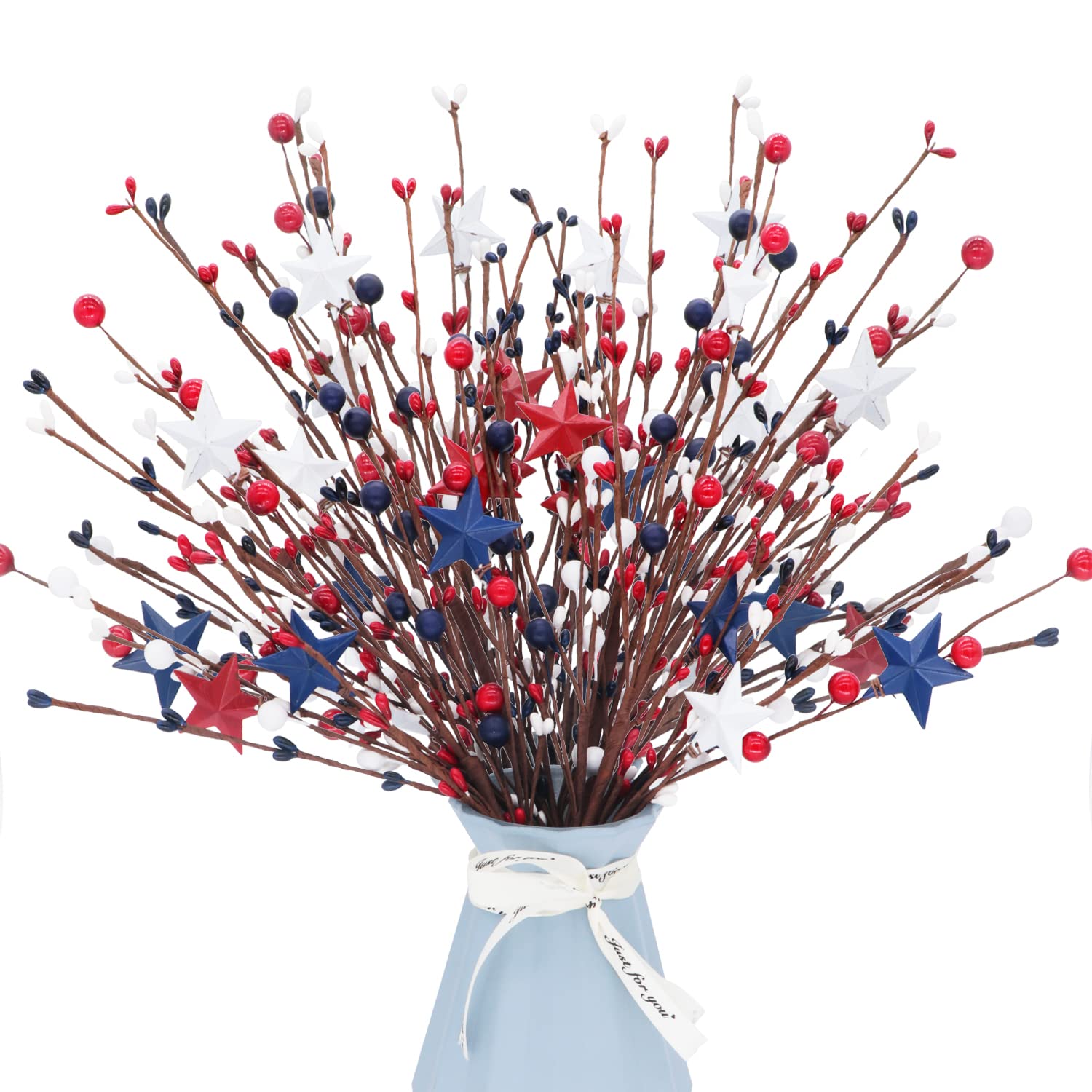 Kunjocy Patriotische künstliche Beerenstiele, 40,6 cm, rot, weiß, blau, Sterne, sortierte Pip-Beeren-Picks für 4. Juli, Unabhängigkeitstag, Dekorationen, Urlaubsarrangement, Tafelaufsätze, 4 Stück (4)
