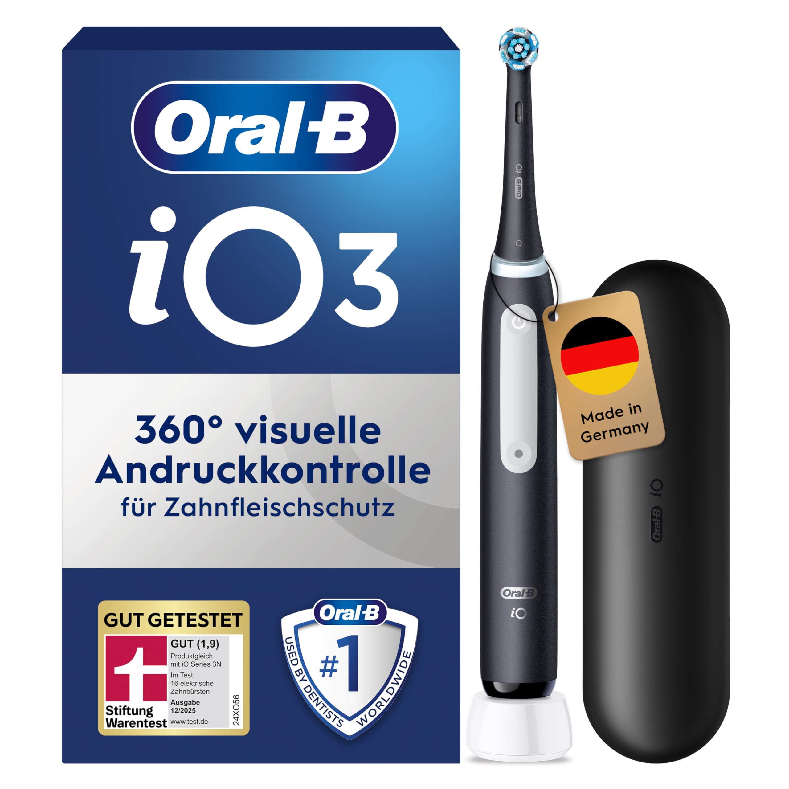 Oral-B iO Series 3 Elektrische Zahnbürste — Electric Toothbrush, Inkl. 1 Aufsteckbürste, 3 Putzmodi für Zahnpflege — Designed by Braun, GUT GETESTET von STIFTUNG WARENTEST, Schwarz