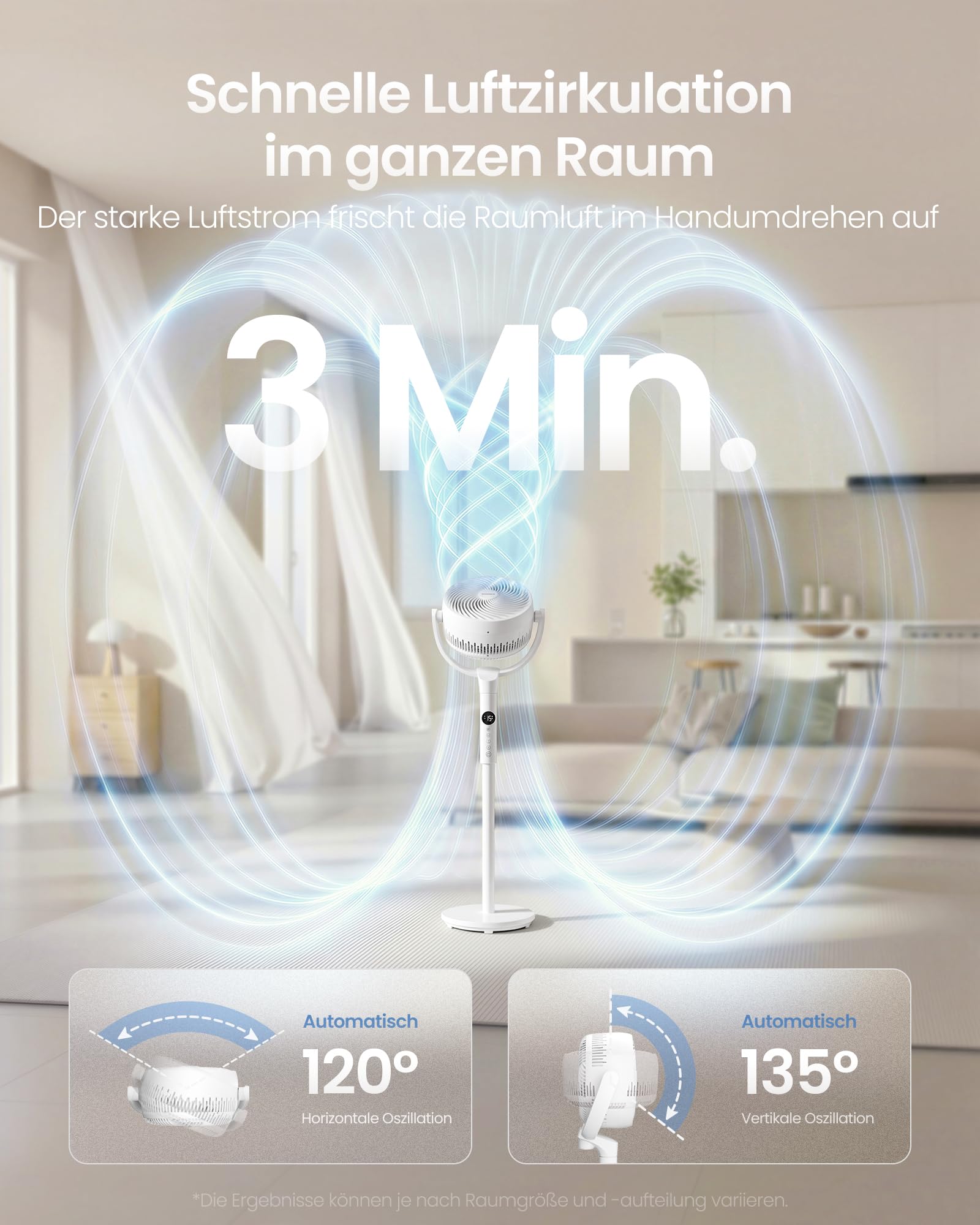 SONGMICS Standventilator, Ventilator leise 20 dB mit Fernbedienung, Luftzirkulator 120° und 135° Oszillation, 15 Geschwindigkeiten, 15 Std. Timer, 3 Modi, höhenverstellbar, wolkenweiß XFC002W1EU