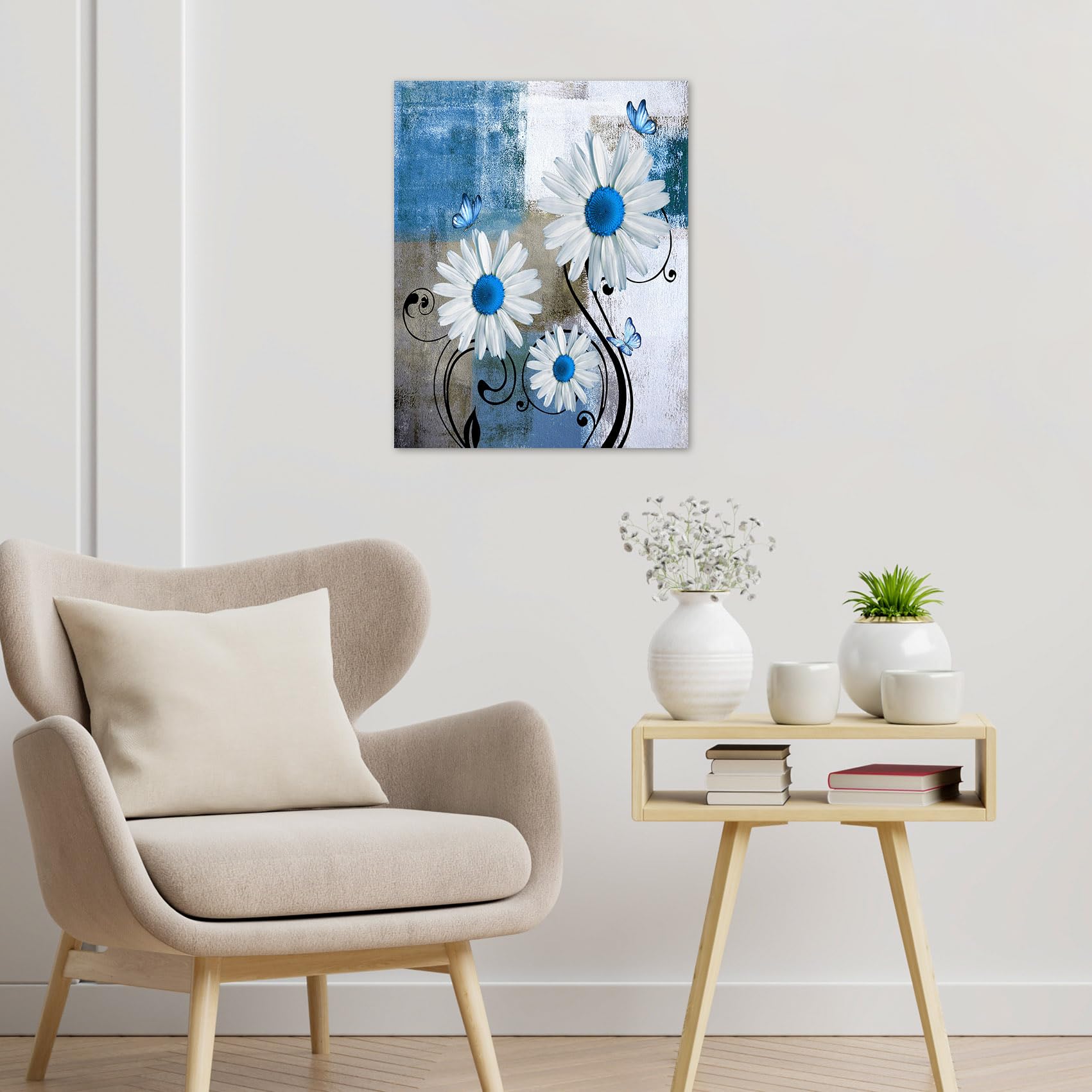 MEUNEAR Farmhouse Floral Canvas Wall Art Blue Daisy Flower and