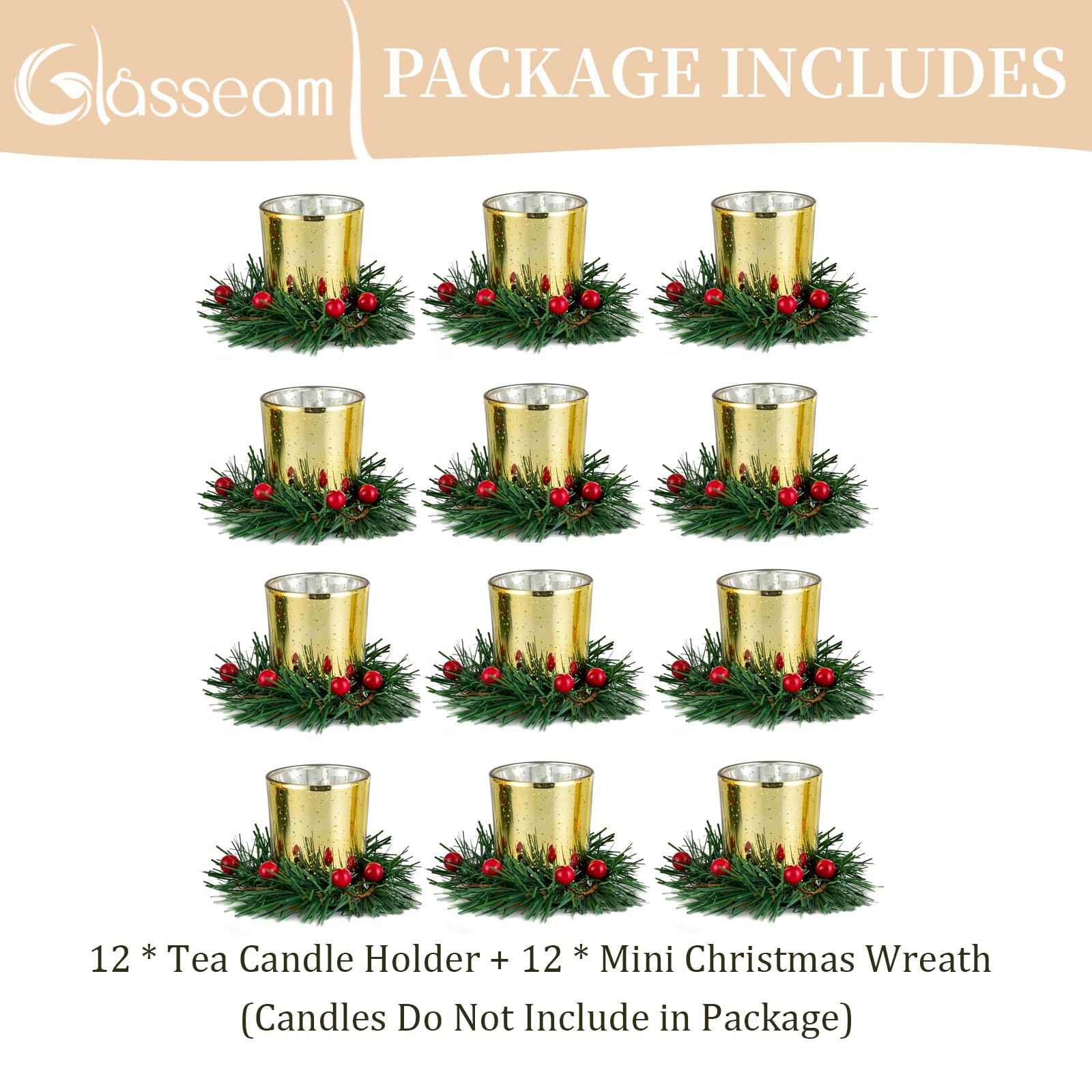 Glasseam Portacandelitas De Navidad: Portavelas De Oro con Anillo para Velas Set De 12 Portacandelitas De Cristal para Centro De Mesa NavideñO Portavelas Votivas De Mercurio para DecoracióN del Hogar
