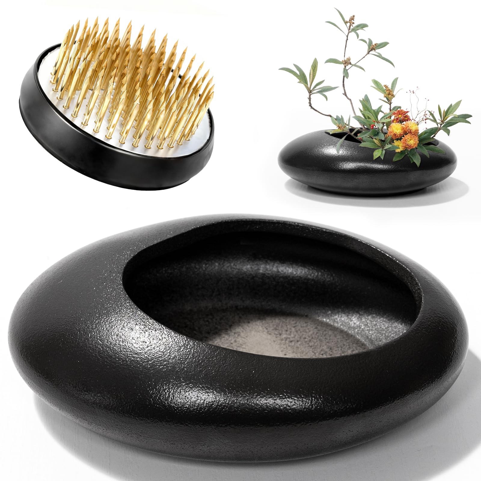 Flower Frog Vase Kit, 50mm Brass Florist Frog for Arrangements and Ceramic Water Drop Pot, Elegant Ikebana Flower Holder for Cut Flowers, Floral Decor Kit(Black Large Size)