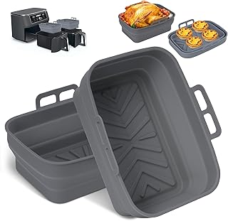 Silicone Air Fryer Liners for Ninja Dual Pot, 2PCS Foldable Air Fryer Silicone Liners for Tower Basket, Ninja Dual Air Fryer Accessories Reusable Insert, Rectangle Silicone Airfryer Baking Tray (Grey)