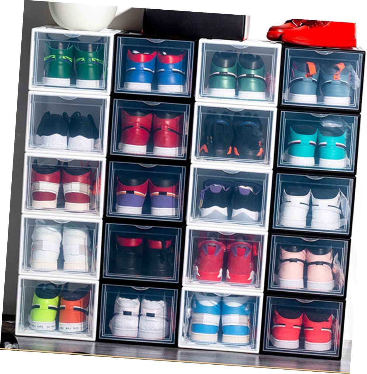 PRETYZOOM Plastic Basketball Shoe Storage Box with Lid Black 36x26x20cm Stackable Shoe Organizer for Home Closet for Sneakers and Boots