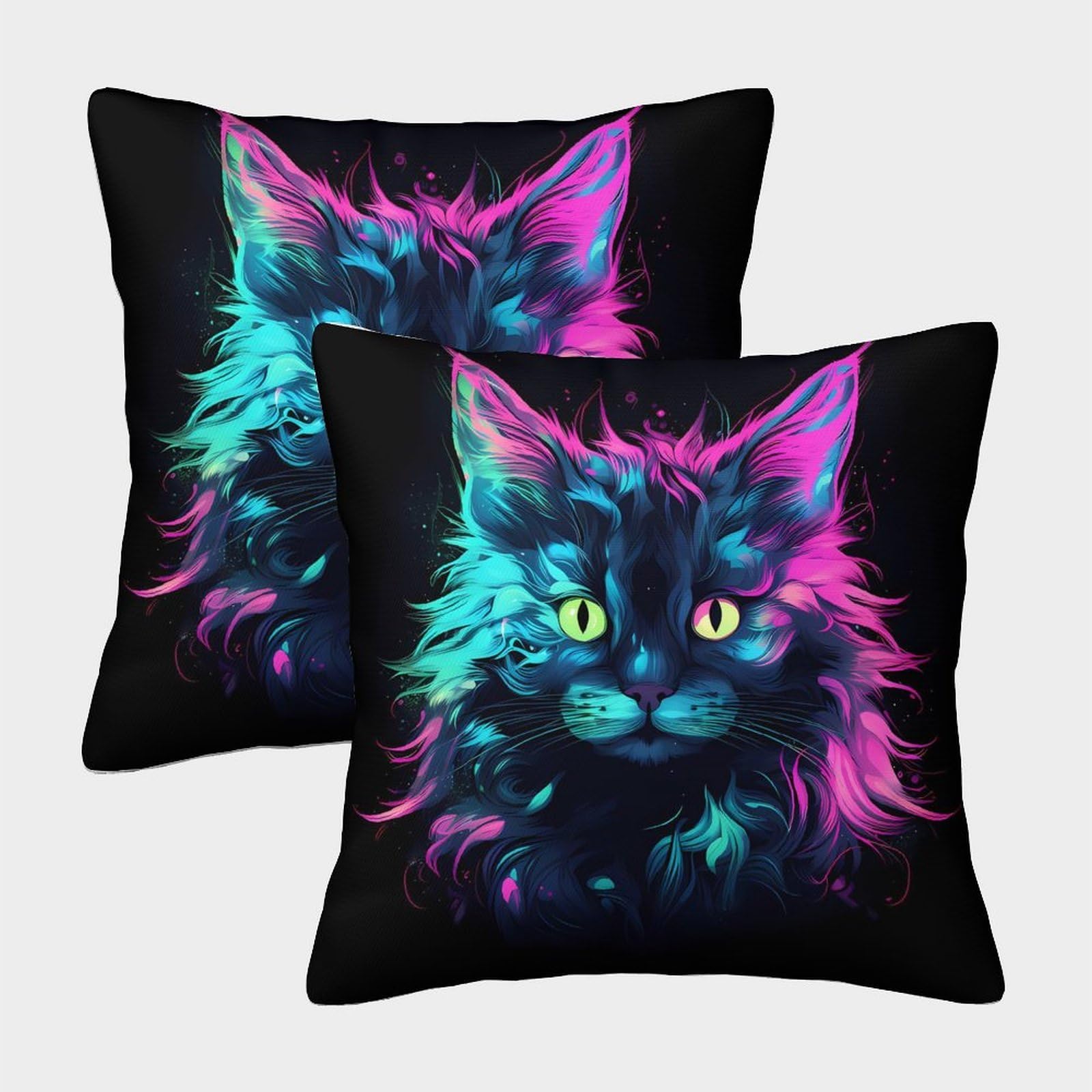 QFVANSIYO Vivid Cat 3D Printed Pillowcase Microfiber Bedroom Decor for Adults Teens Neon Cat Pillow Cover Soft Breathable 45x45cm