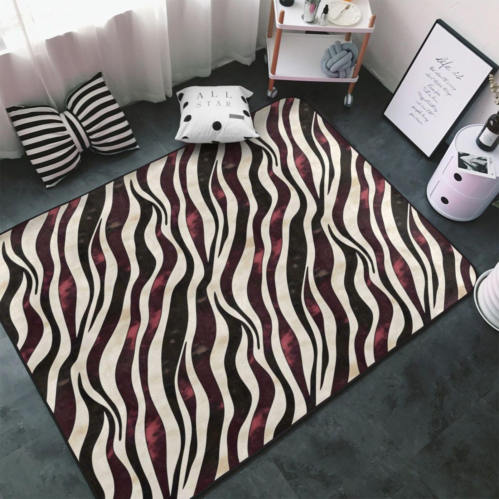 Tapis zébré rouge vin 152x99 cm antidérapant et lavable en machine pour salon et chambre