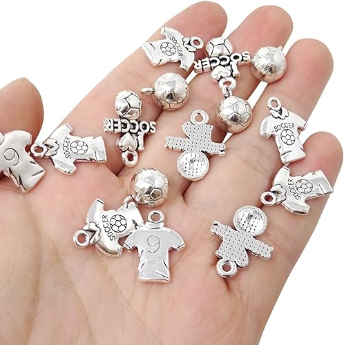 Miniatura 6 de Honbay 60 dijes deportivos de bola de aleación, dijes de fútbol con texto en inglés "I Love Soccer Soccer Jersey", colección de dijes deportivos de