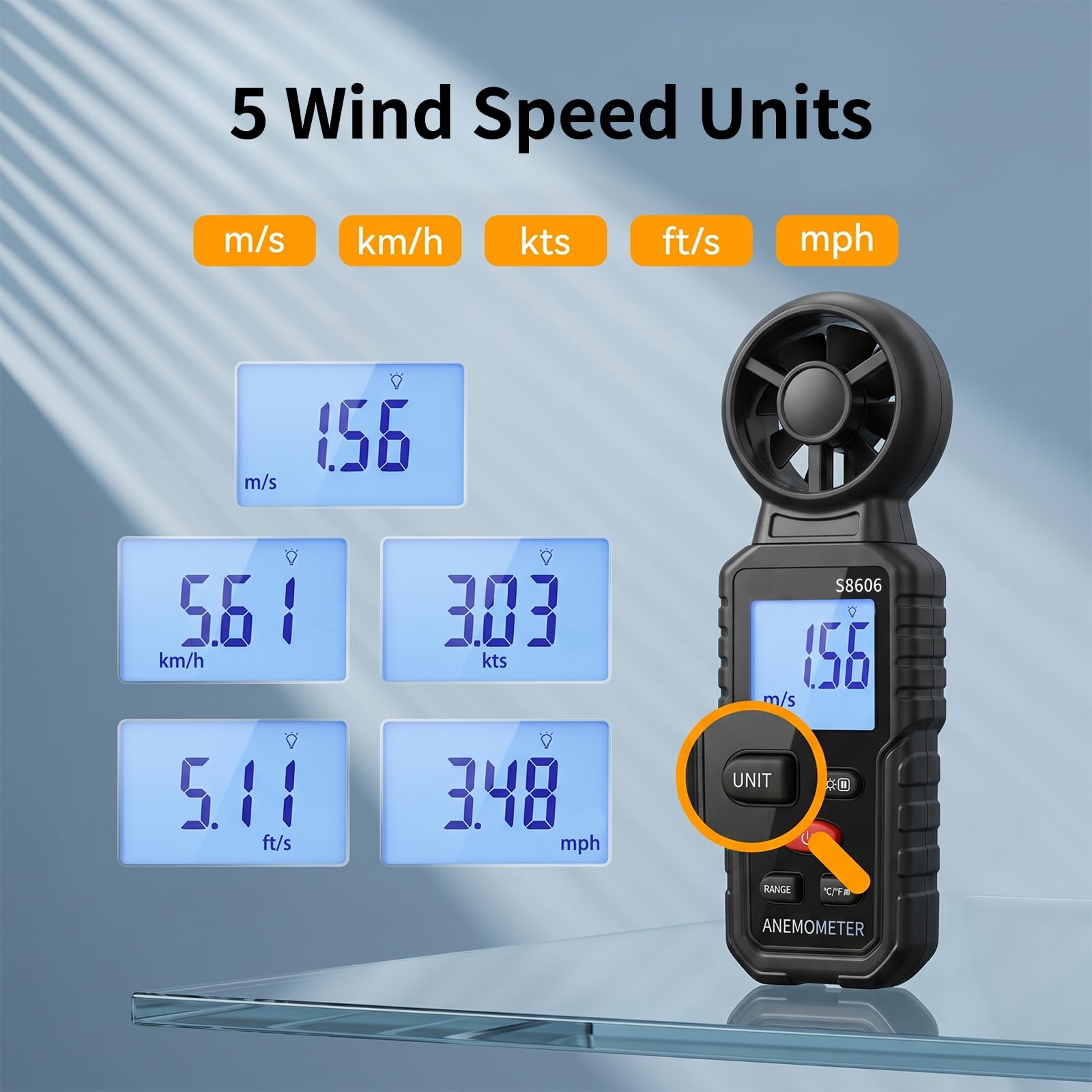 Anemómetro Digital Portátil 3 en 1 con Pantalla LCD Retroiluminada, Medidor de Velocidad del Viento, Temperatura y Flujo de Aire, Funciones MAX/MIN/AVG, para Navegación, Drones, Surf y Pesca