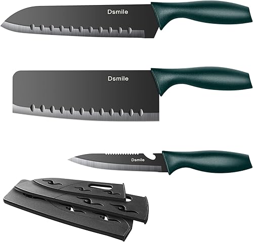 Dsmile Juego de cuchillos de cocina de acero inoxidable de 3 piezas (chef, utilidad, pelar) con hoyuelos revestidos y cubiertas para cuchillos, para