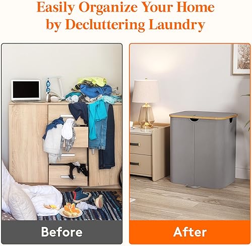 Miniatura 7 de Lifewit Cesta de lavandería doble de 120 litros con tapa, cesta grande para la ropa sucia con asas de bambú y bolsas de lavandería extraíbles,