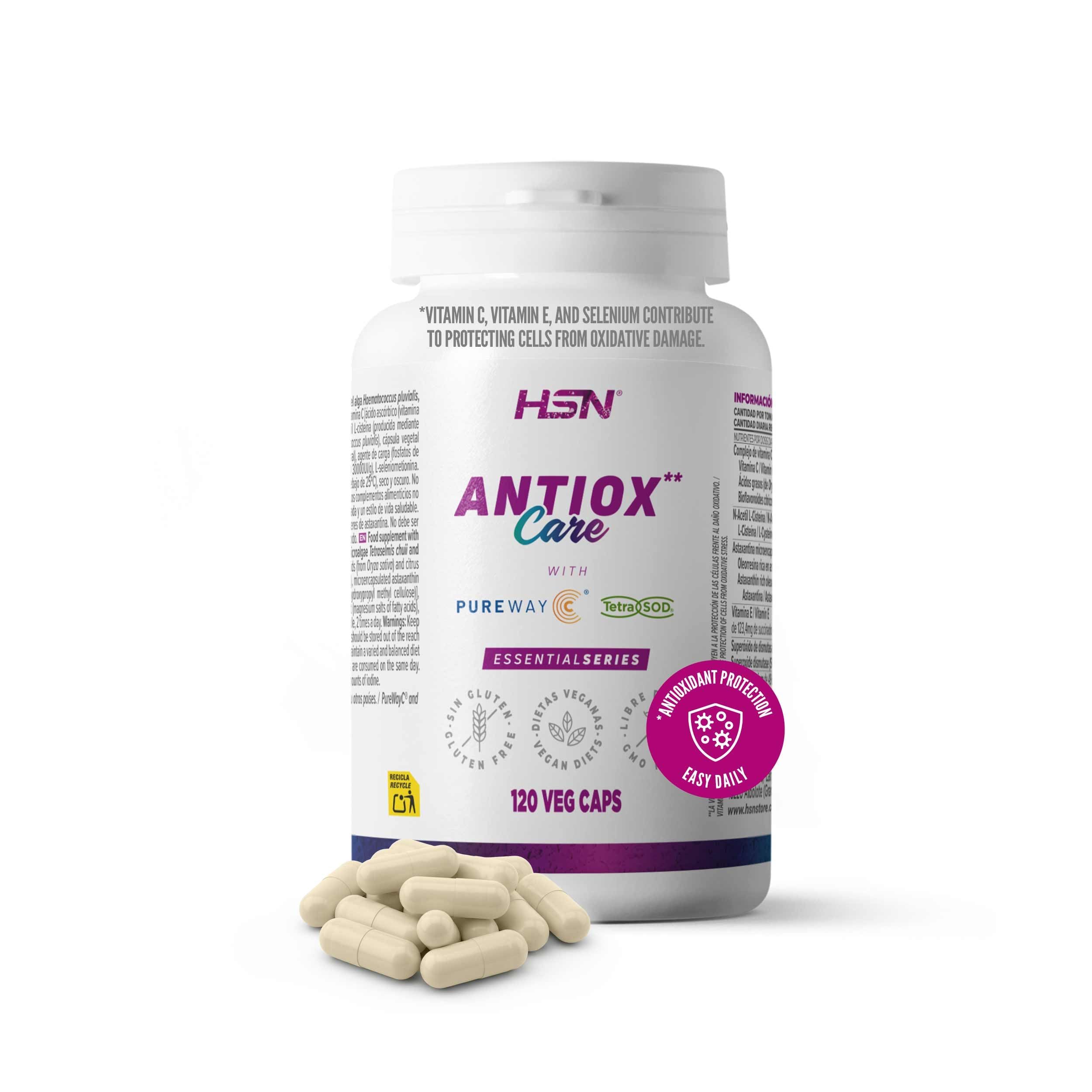 HSN Antiox Care* | 120 Cápsulas Vegetales | Antioxidante Completo: Vitamina E Vitamina C PureWay-C® Astaxantina microencapsulada Tetra-SOD® Selenio | Sin Gluten y Apto Vegano