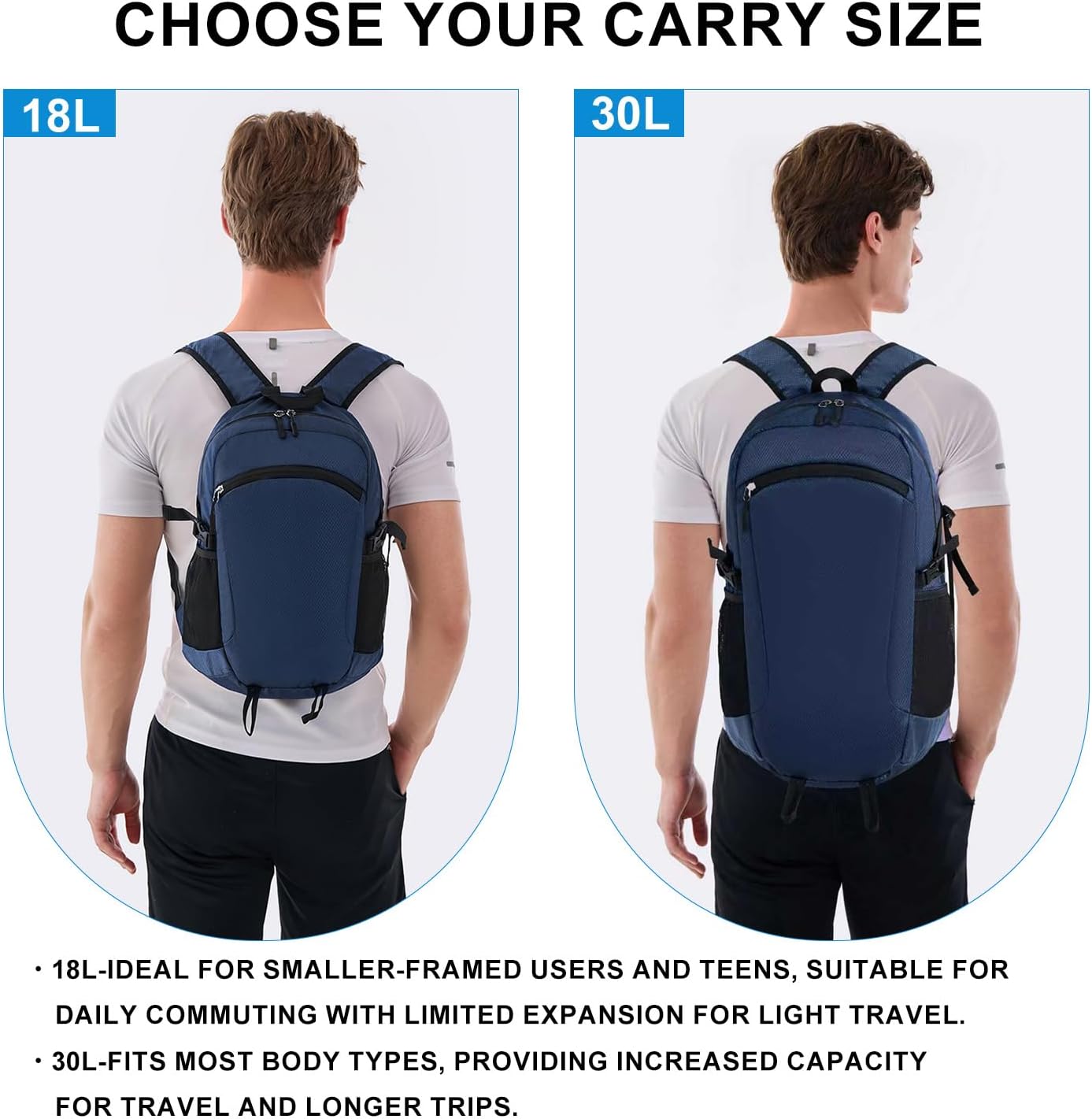 Lightweight Hiking Backpack 30L Packable Foldable Daypack Collapsible Travel Bag Water-Resistant for Women Men (Navy Blue)