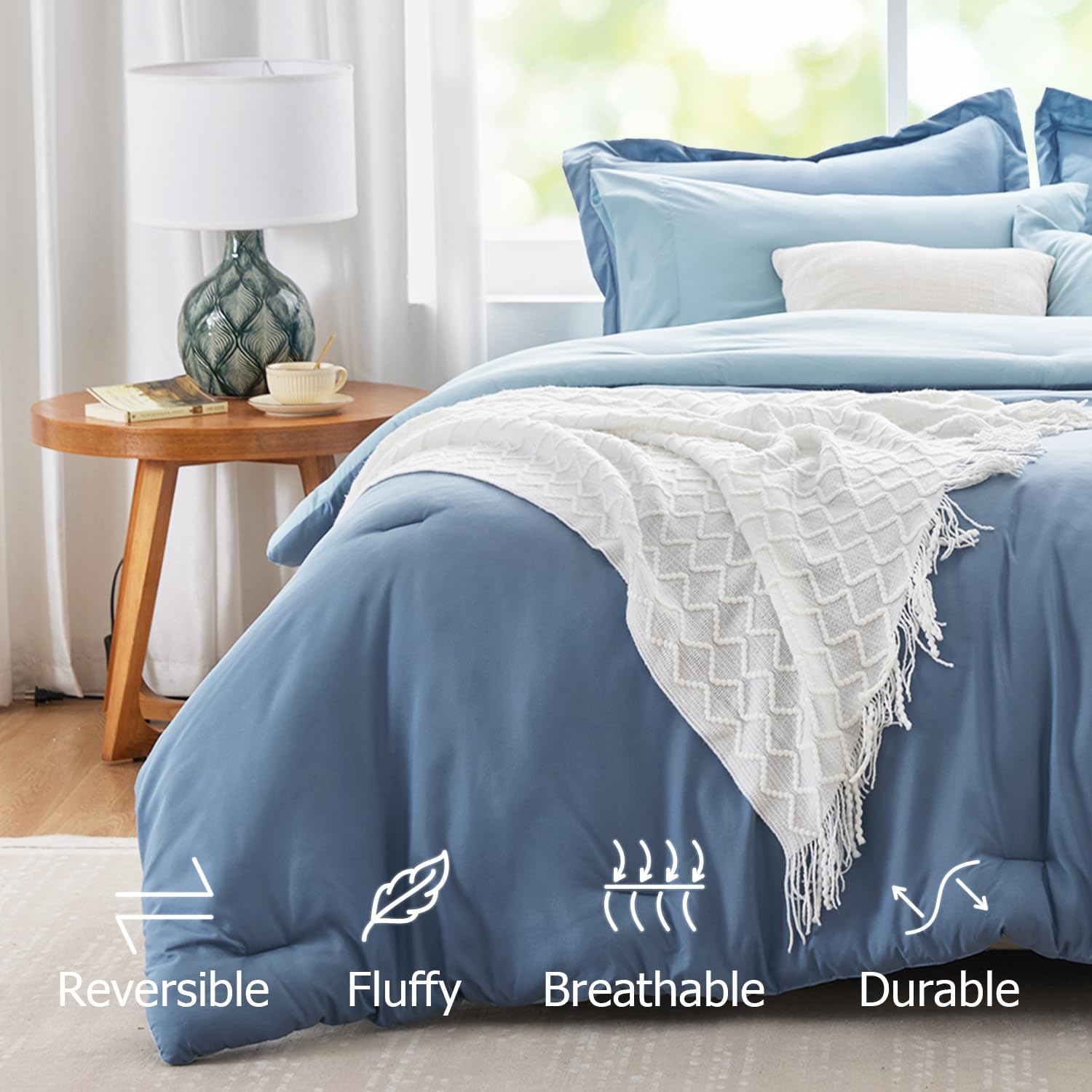 Navy Blue Comforter Reversible Bedding Set, 5-Piece Soft Bed-in-a-Bag With Comforter, Sheets, Pillowcase & Sham - Boho All Seasons Twin/Dbl XL - Image 2