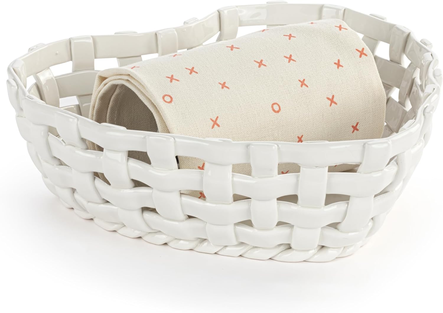 DEMDACO Gather 'Round Collection White Weave Heart 10.5 x 10.5 Earthenware and Cotton Bread Basket with Towel