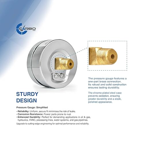 Miniatura 3 de CARBO Instruments Manómetro de 2-12", caja de acero cromado, seco, vacío compuesto -30 Hg - 0-15 psi Montaje trasero 14" NPT