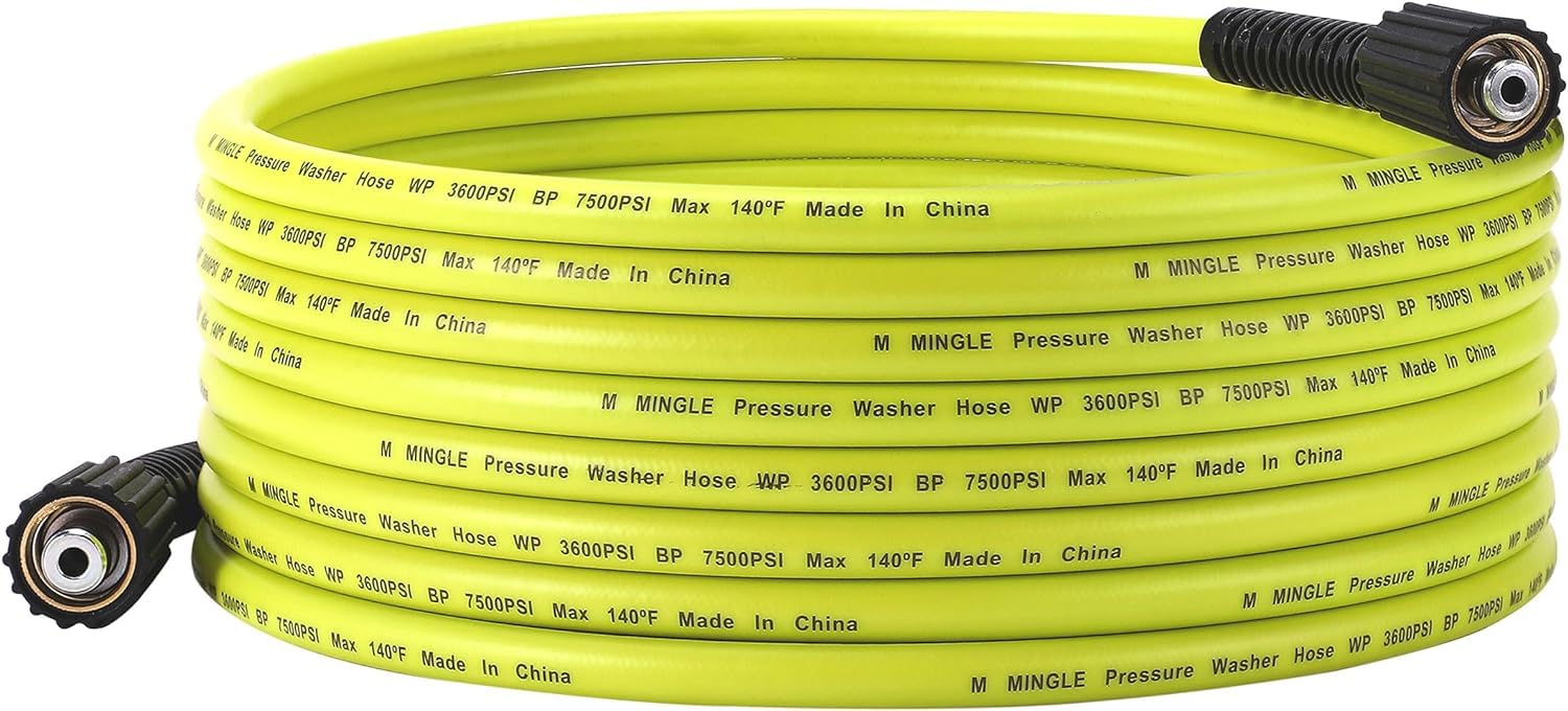 M MINGLE Pressure Washer Hose 25 FT x 1/4'' - Replacement Power Wash Hose with M22 14mm Fittings - 3600 PSI, Green