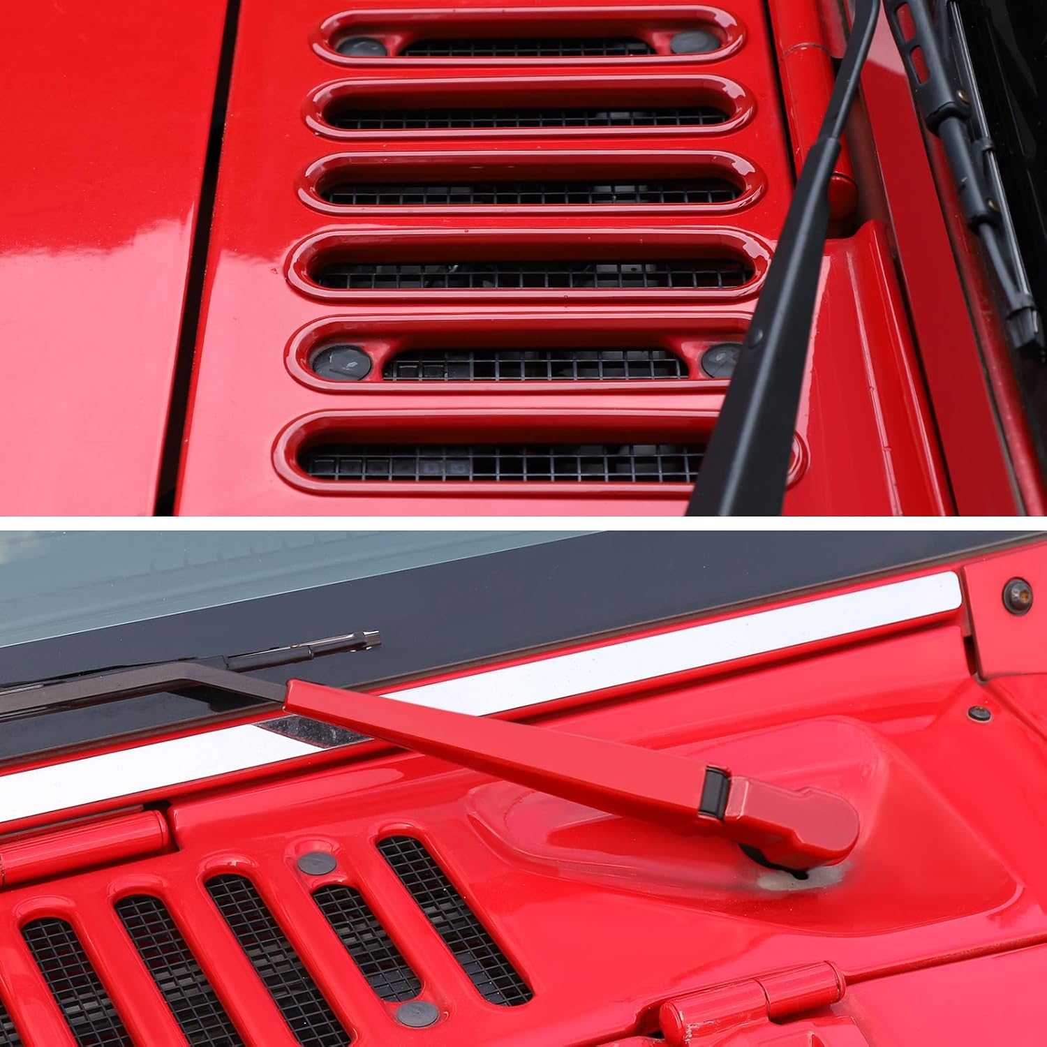 CheroCar Front Rear Window Windshield Wiper+Hood Grill Grille Inserts Cover Frame Trims Fits for 2007-2018 Jeep Wrangler JK JKU Front Rear Window Wiper Arm Decoration Accessories,Red