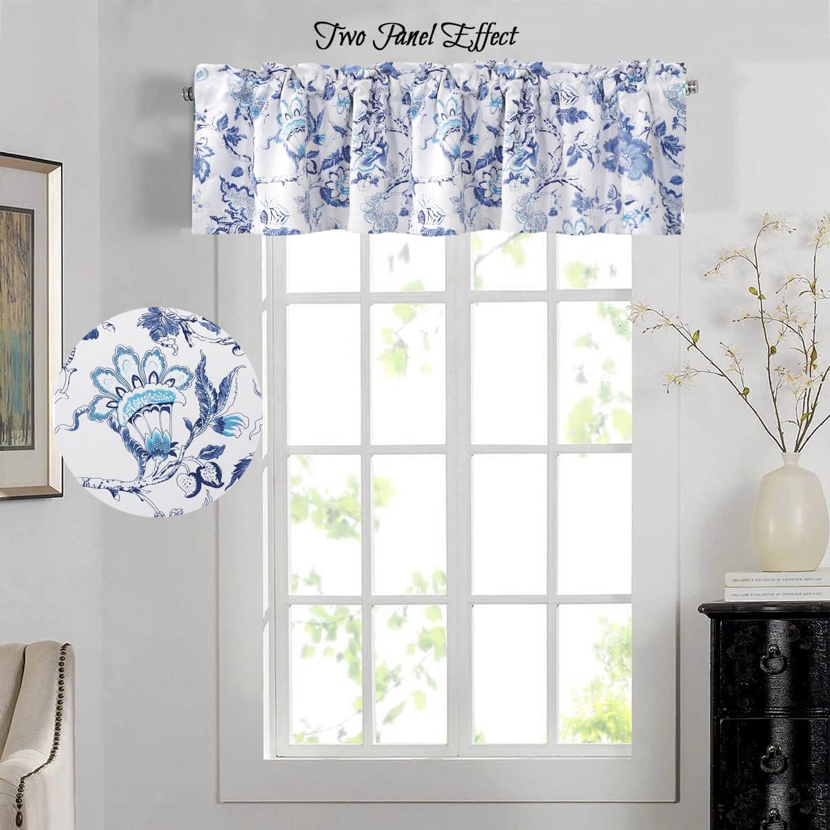 H.VERSAILTEX Blackout Curtain Valances for Kitchen Window/Living Room/Bathroom Privacy Added Rod Pocket Home Decoration Winow Valance, 52" W x 18" L, Flroal in Blue and White (Pack of 4)