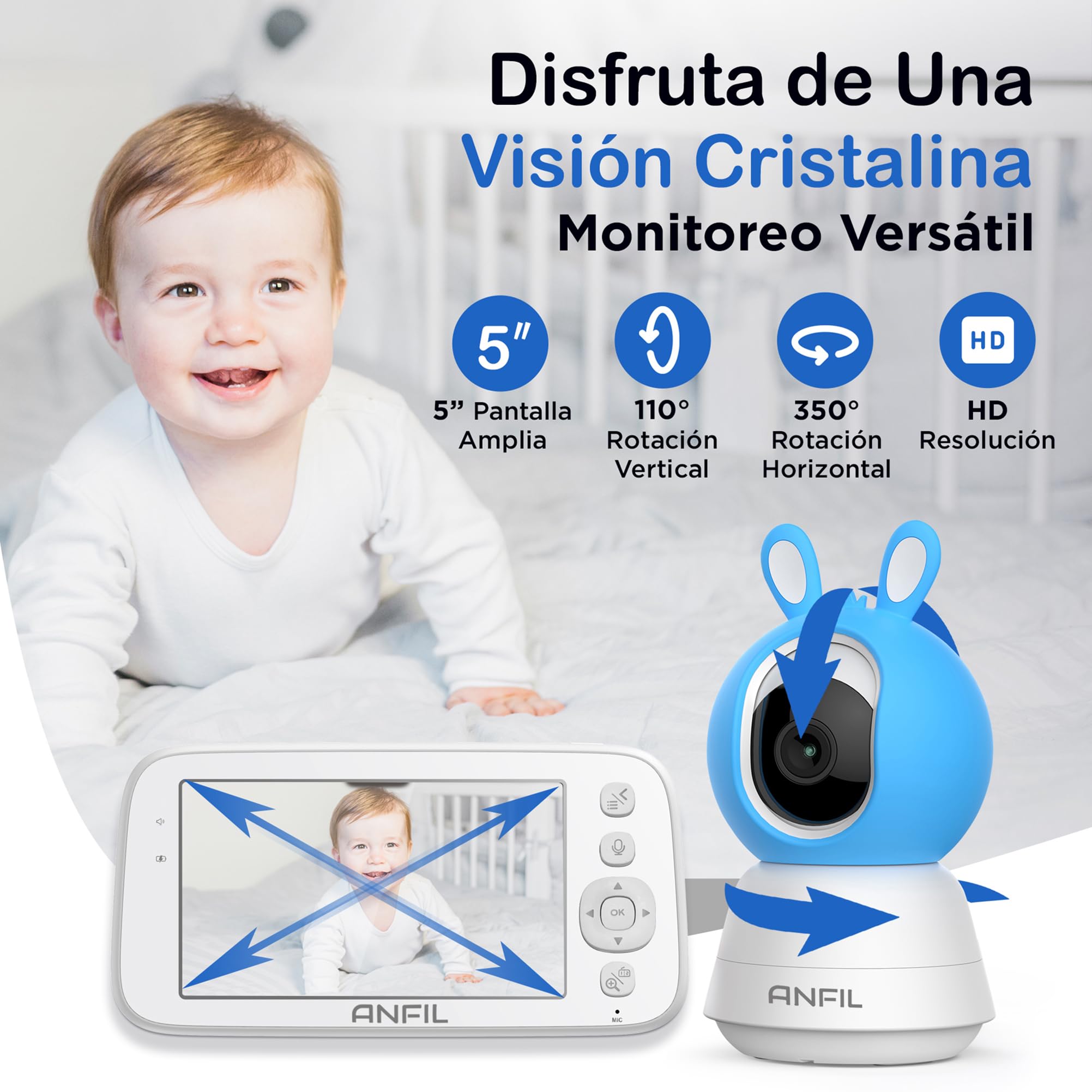 Cámara Vigilancia Bebé con Monitor – Pantalla 5", Visión Nocturna, Audio Bidireccional, Sensor de Temperatura, VOX, Cámara Bebé Sin WiFi, Intercomunicador, Baby Monitor, Vigilabebés