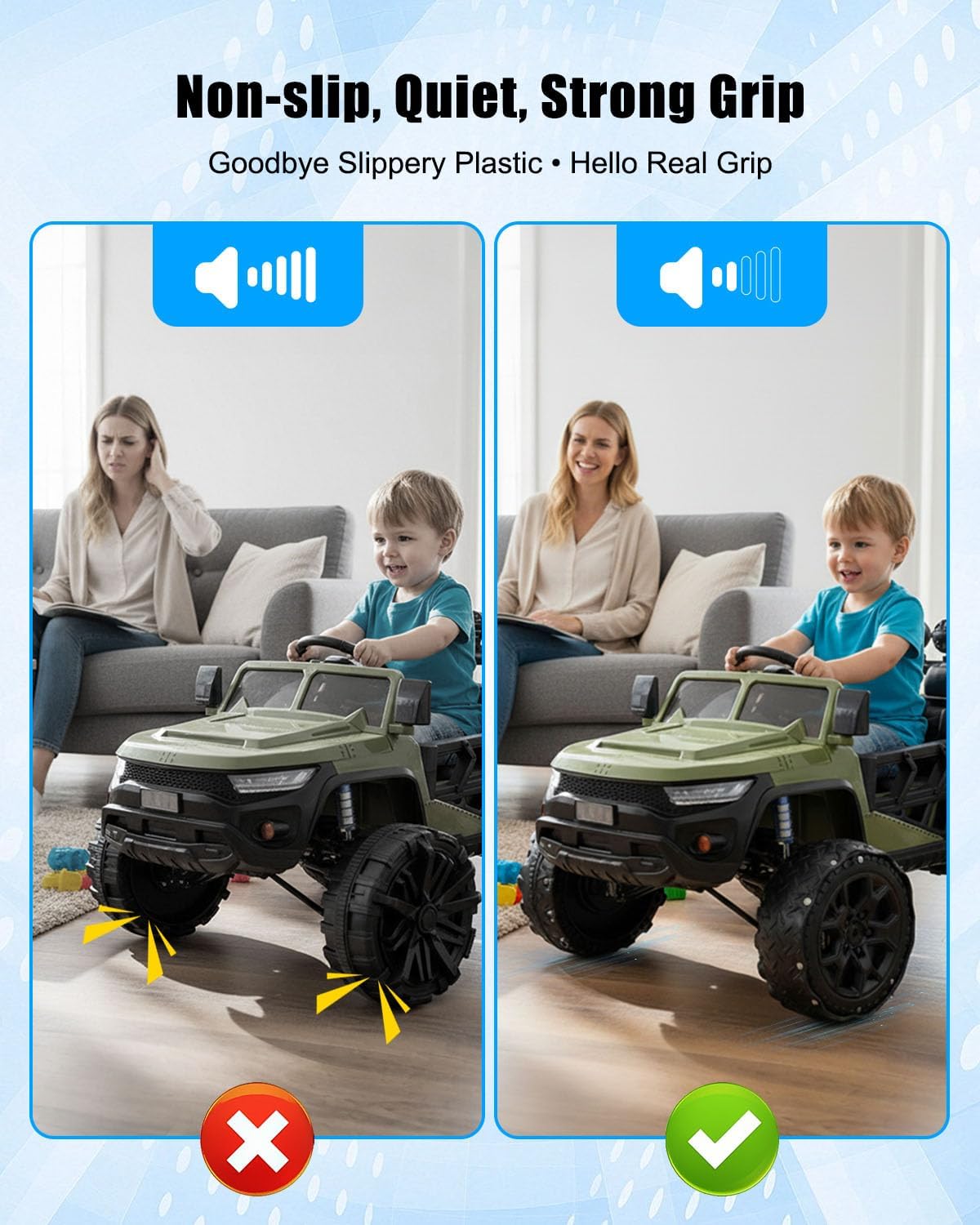 Rubber Tire Upgrade Kit for Power Wheel Kids Electric Ride On Car, Anti-Slip and Noise Reduction Wheel Replacement, Durable Shock Absorbing Tire Protection Covers for Plastic Wheels