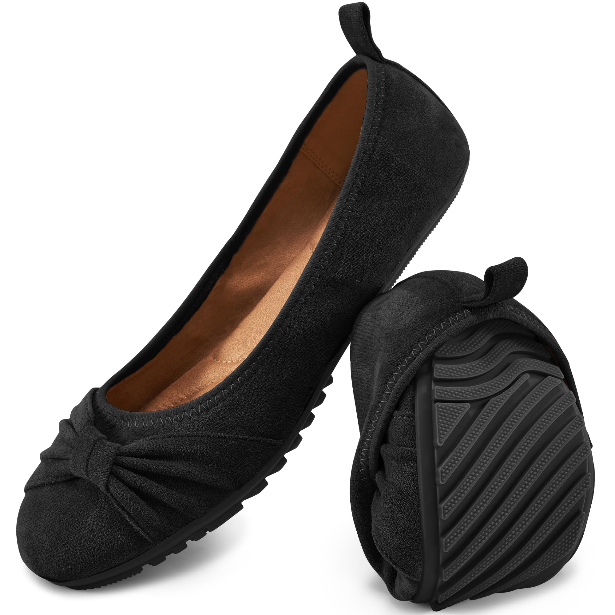 Ecetana Womens Flats Shoes Dressy Round Toe Bowknot Suede Foldable Ballet Flats Comfortable Casual Slip On Loafers