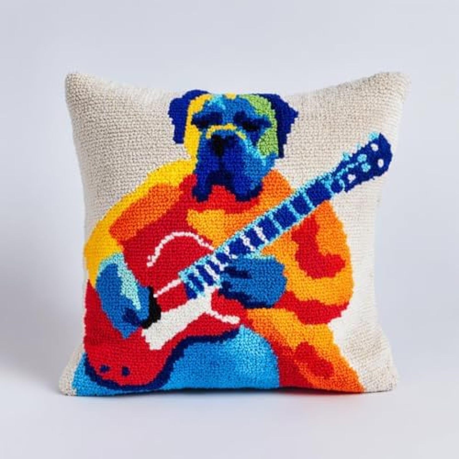 kitphoenix DIY Cushion Cover Kit for Adults Beginners,Cane Corso Dog Playing Guitar,Latch Hook Craft Set for Women with Pre-Cut Yarn and Hook,43x43 cm