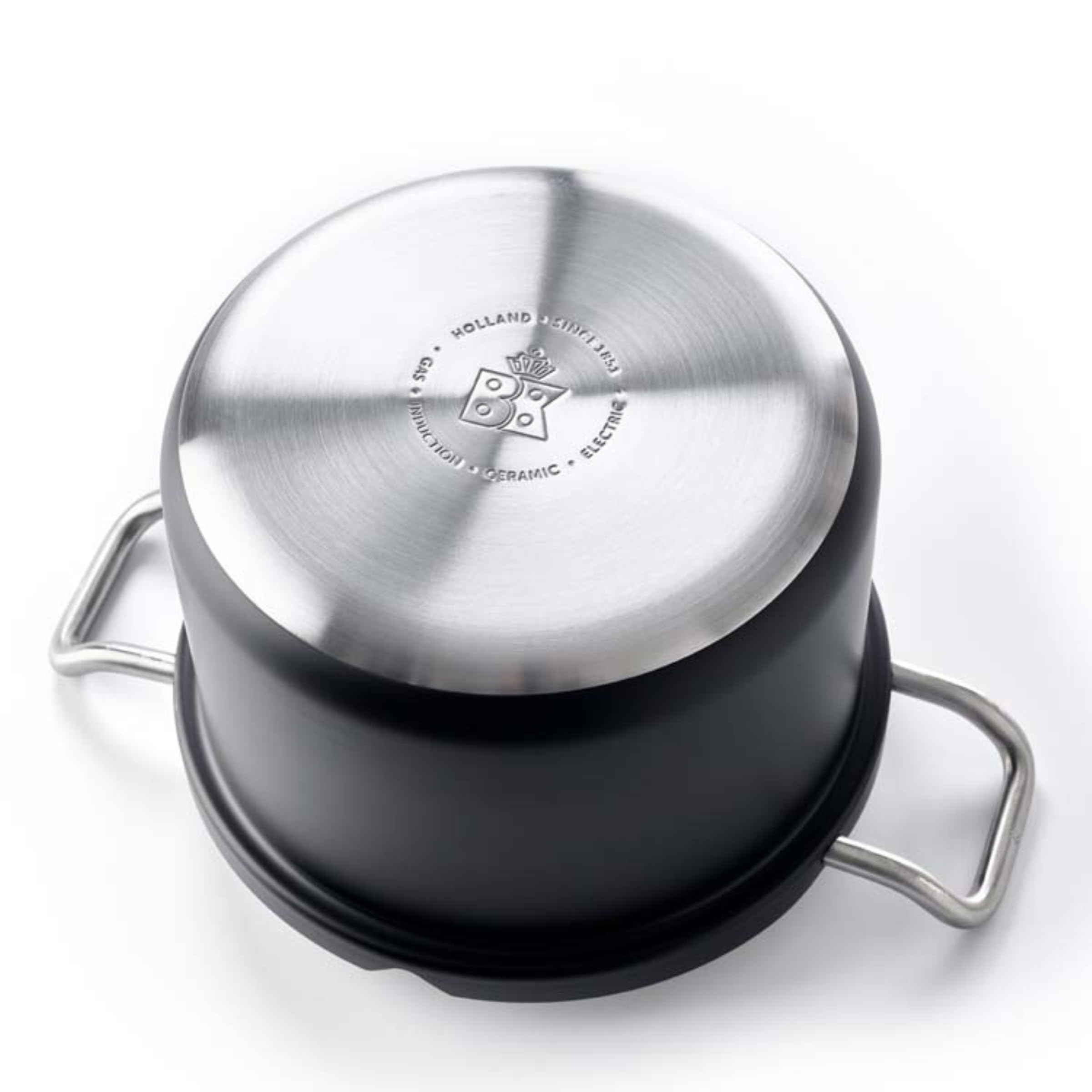 BK Q-Linair Master Glass Black stal szlachetna kompatybilne z indukcją 5 sztuk garnków i patelni ze szklaną pokrywką, bezpieczne w piekarniku do 220 C, uchwyty Stay Cool, nadają się do mycia w