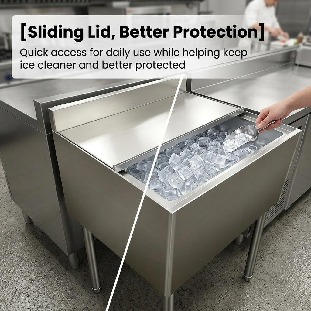Ice Bin, 14 in x 11 in Commercial Stainless Steel Freestanding Ice Cooler with Sliding Lid & Leg Support, Small Ice Box for Bars, Restaurants, Hotels and Beverage Stores