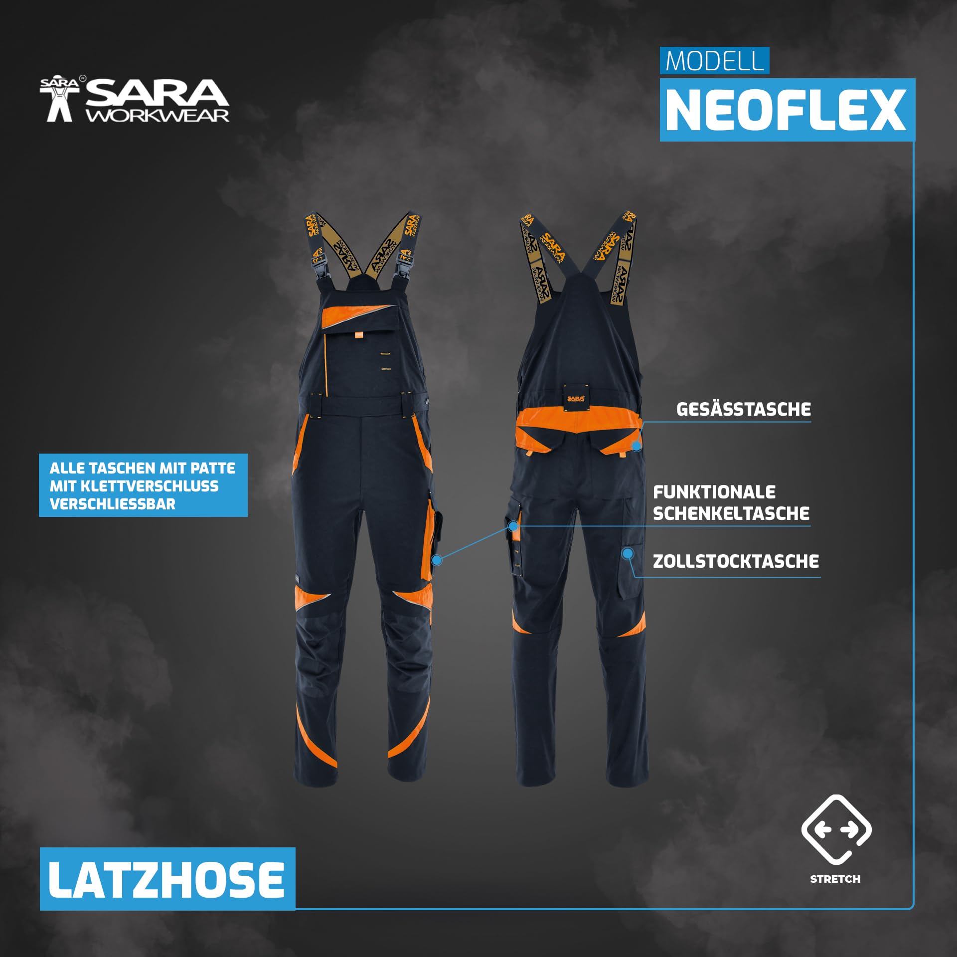 SARA Arbeitshosen Männer Stretch - Latzhose Herren Arbeitshose mit Kniepolstertaschen - Arbeitslatzhosen Männer für alle Jahreszeiten