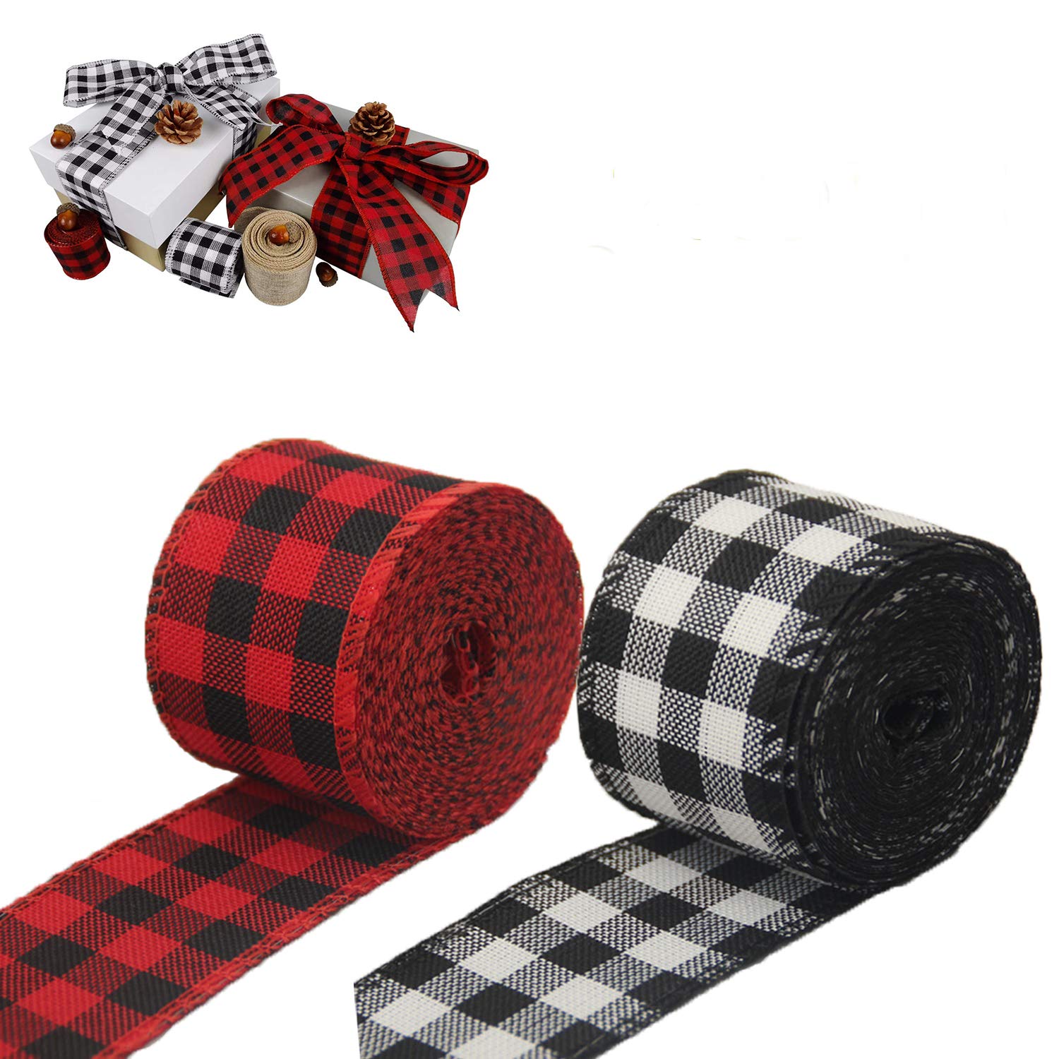 WANLING 2 Rolls Wired Edge Ribbons, 13 Yards x 2 Inches Black Red Plaid Ribbon and Black White Buffalo Plaid Ribbon for DIY Gift Wrapping, Wedding Crafts Decoratio