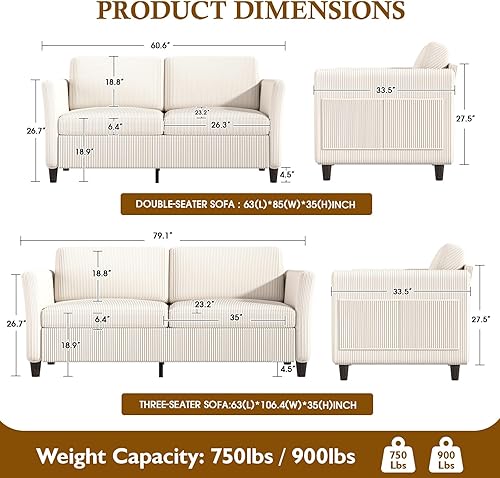 Miniatura 2 de Sofá biplaza de pana, sofás modernos y cómodos con bolsillo lateral, sofá de nube para sala de estar, dormitorio y espacios pequeños, color beige