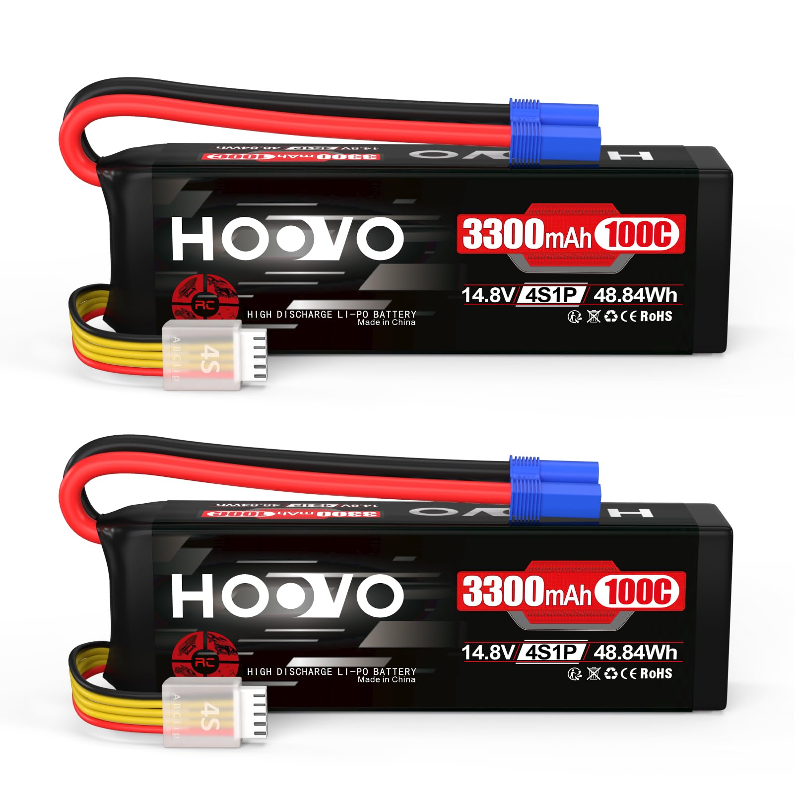 HOOVO 4S Lipo Battery 14.8V 3300mAh 50C RC Battery Soft Case with EC5 Plug for RC Car Buggy Helicopter Airplane Boat Quadcopter Slash VXL Hobby(2 Pack)