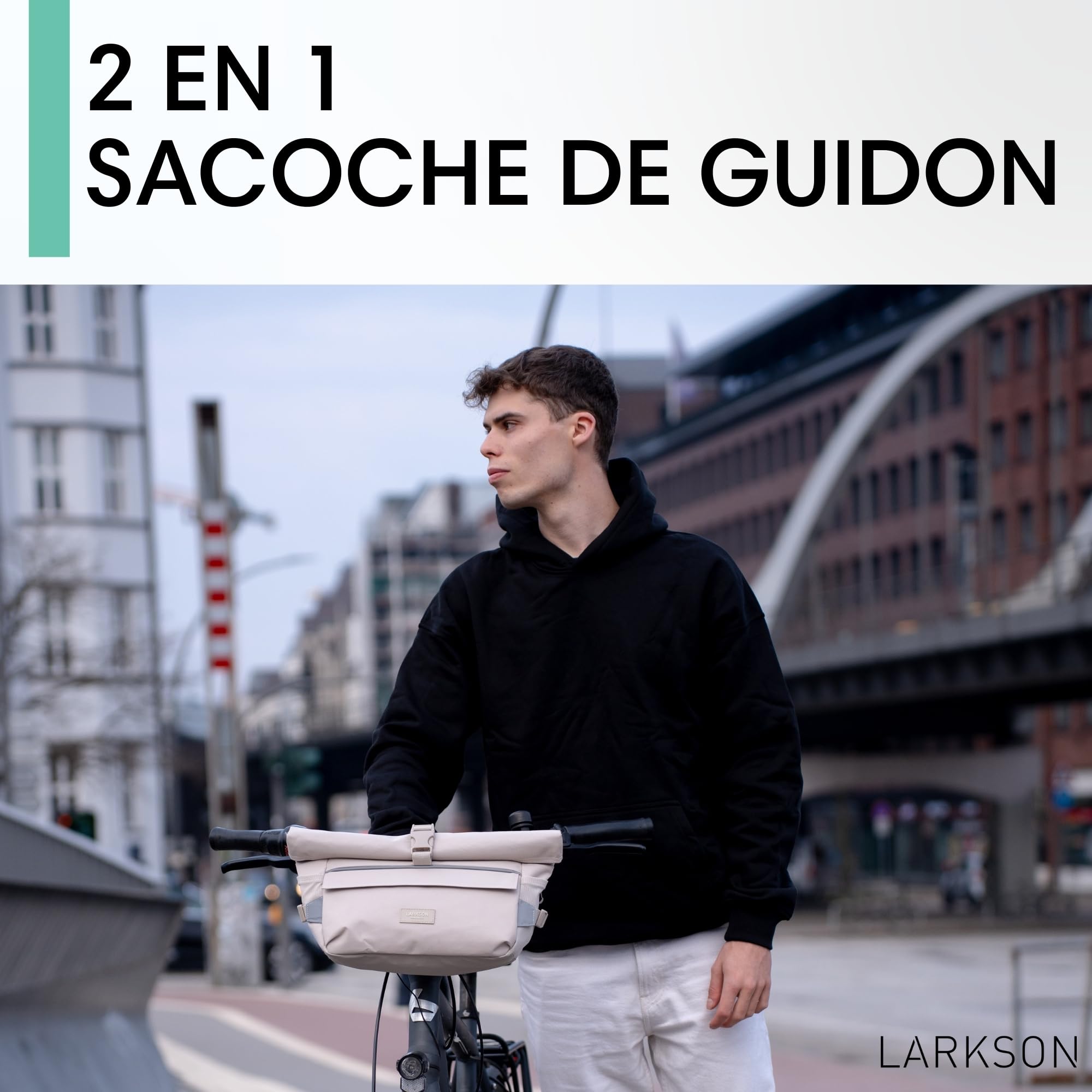LARKSON Sacoche de Guidon Vélo Beige - Lasse - 2 en 1 Sacoche de Vélo & Sac à Bandoulière - Sacoche Bikepacking pour Guidon Avant avec Réflexion - Hydrofuge