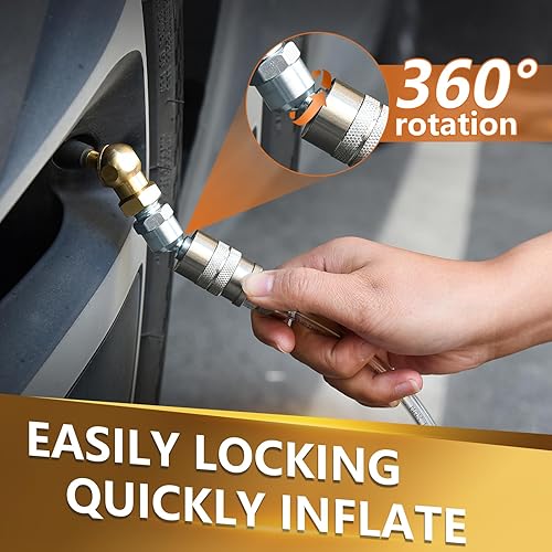 Miniatura 5 de SAFELIFE Paquete de 2 infladores de bola de latón cerrados con portabrocas de aire portátil con enchufe rápido estándar giratorio de 360 de 14