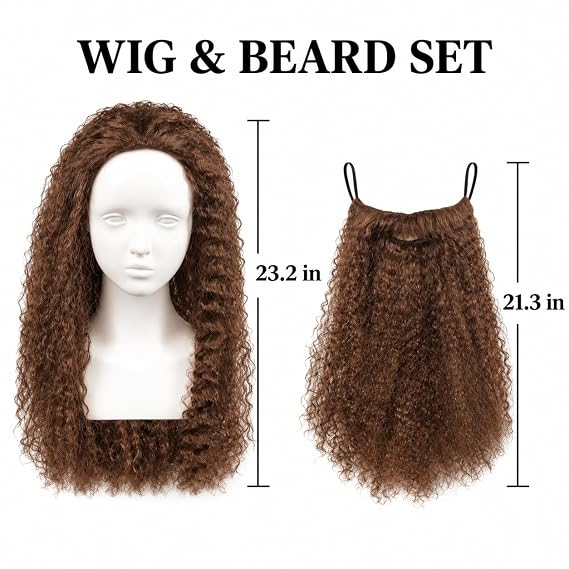 Long Curly Wizard Wig and Beard Set, 2-Piece Costume Accessory, 3 Colors