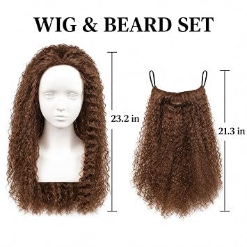 Long Curly Wizard Wig and Beard Set, 2-Piece Costume Accessory, 3 Colors