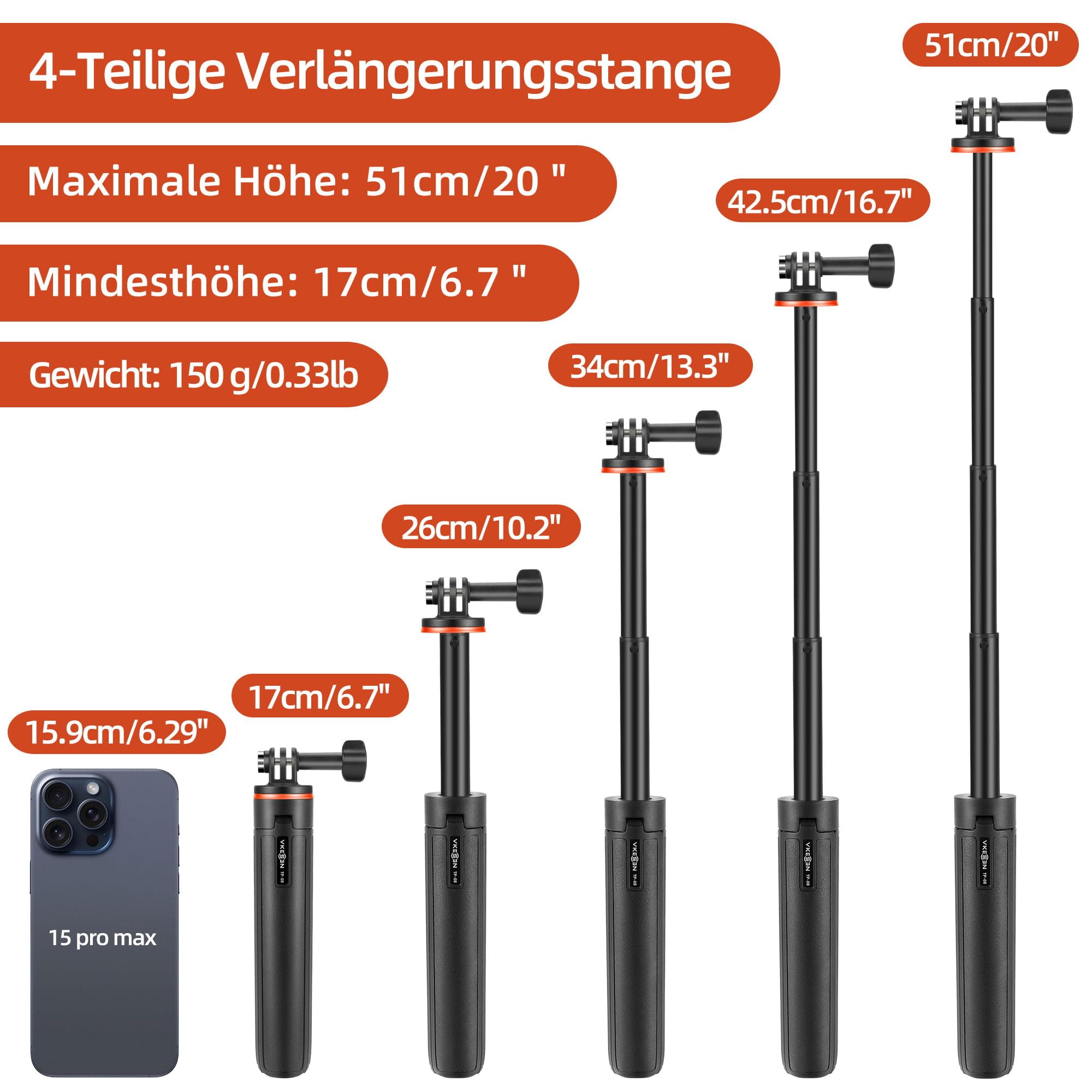 51cm Selfie Stick Stativ für Action Cams, Kompatibel mit GoPro Hero 13/12/11/10/9/Max2, DJI Osmo Pocket 3, Action 6/5 Pro/4, AKASO EK7000 und Anderen Action-Kameras