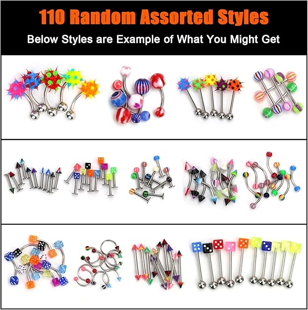 110PCS Body Jewelry Piercing Kit | Eyebrow, Navel, Tongue, Lip Rings