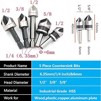 Countersink Drill Bit Set, 5-Piece 82 Degree Counter Sink Bits for Woodwork and Plastic Soft Metal, 1/4 Quick Change Hex Shank (3/8, 1/2, 5/8