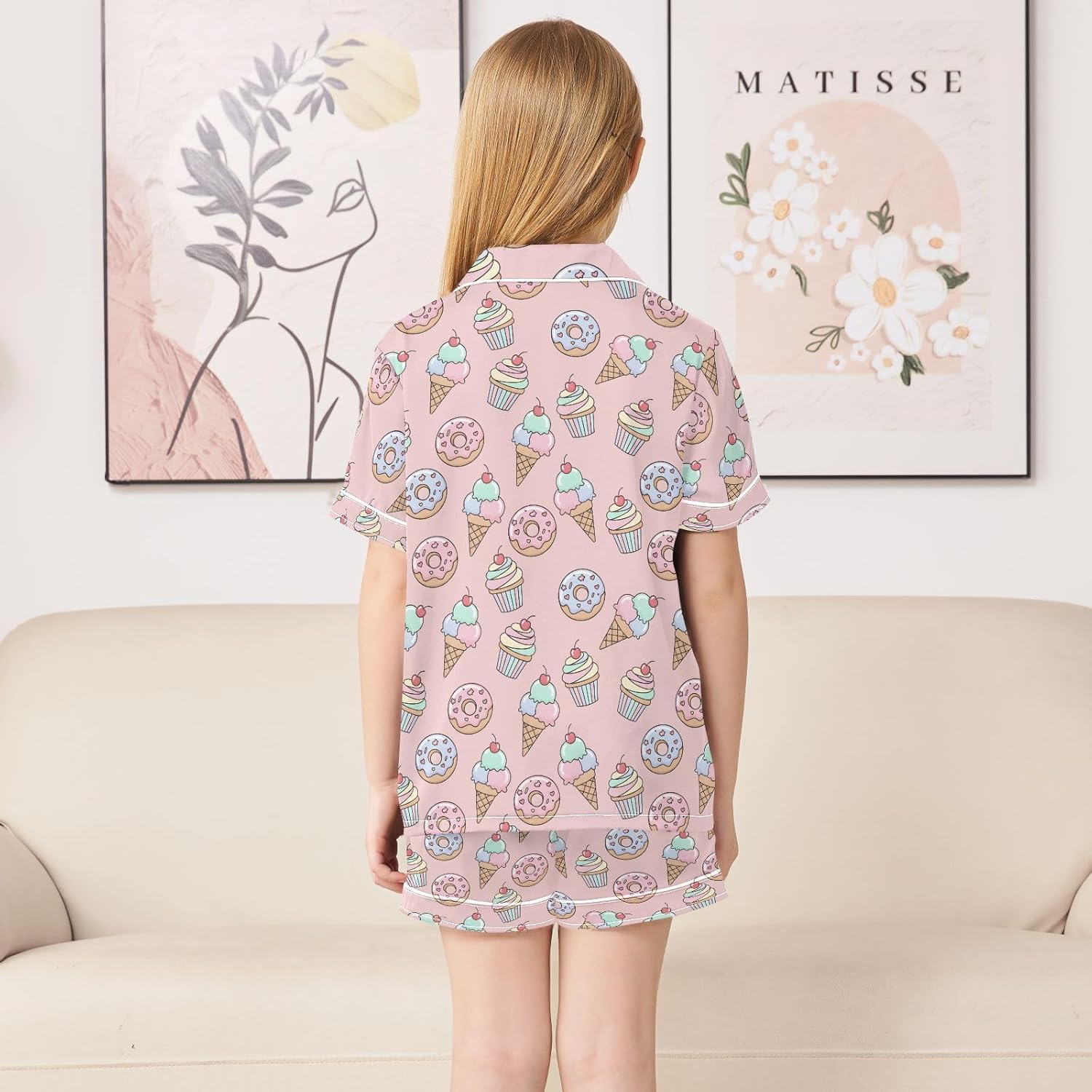 Kids Satin Wear Set Ice Cream Donuts Pattern Relaxing Clothing Short Sleeve and Shorts