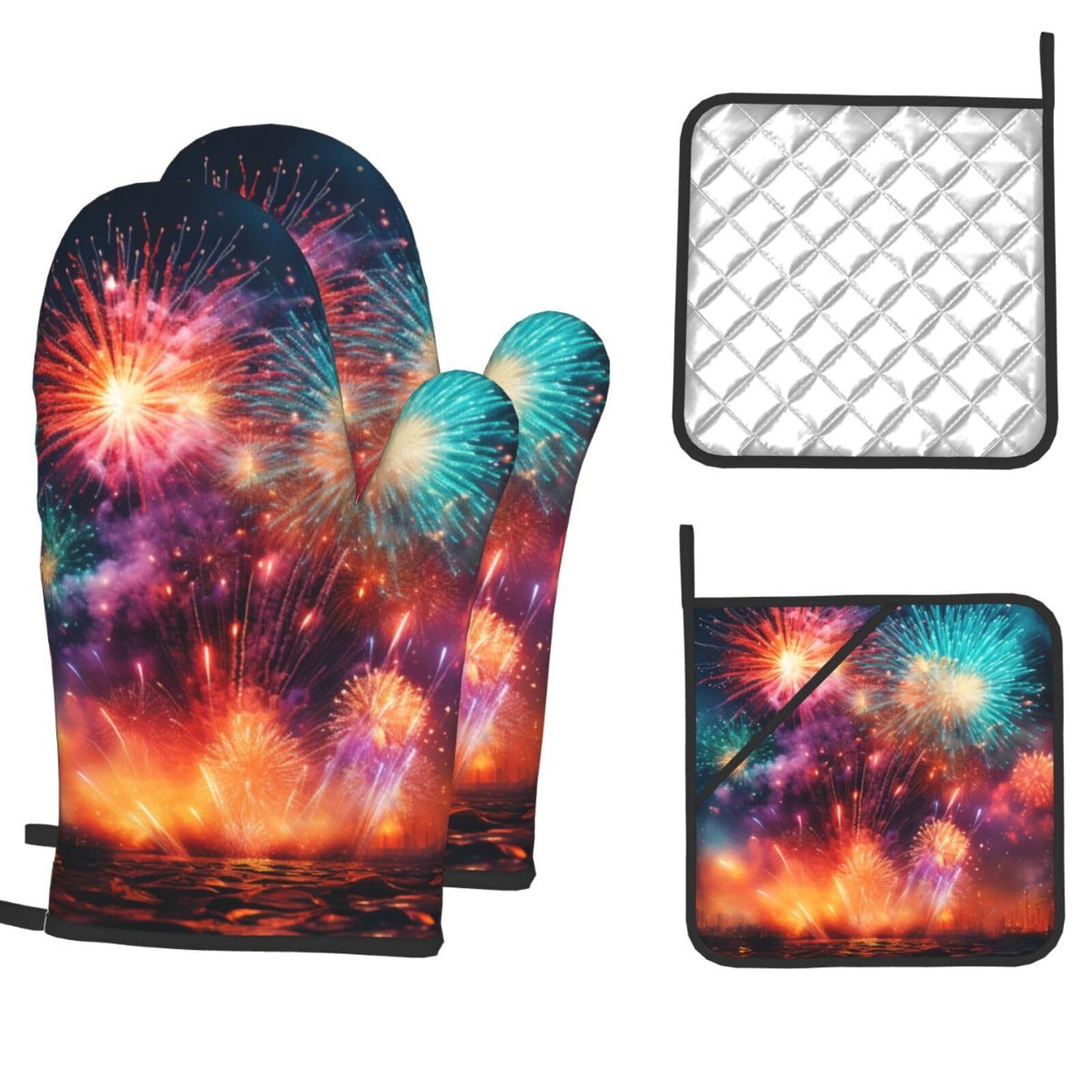 Oven Mitts and Pot Holders Sets of 4 Heat Resistant Kitchen Gloves Splendid fireworks Oven Mitts BBQ Gloves Oven Gloves and Hot Pads Non-Slip Potholders for Kitchen Baking Cooking