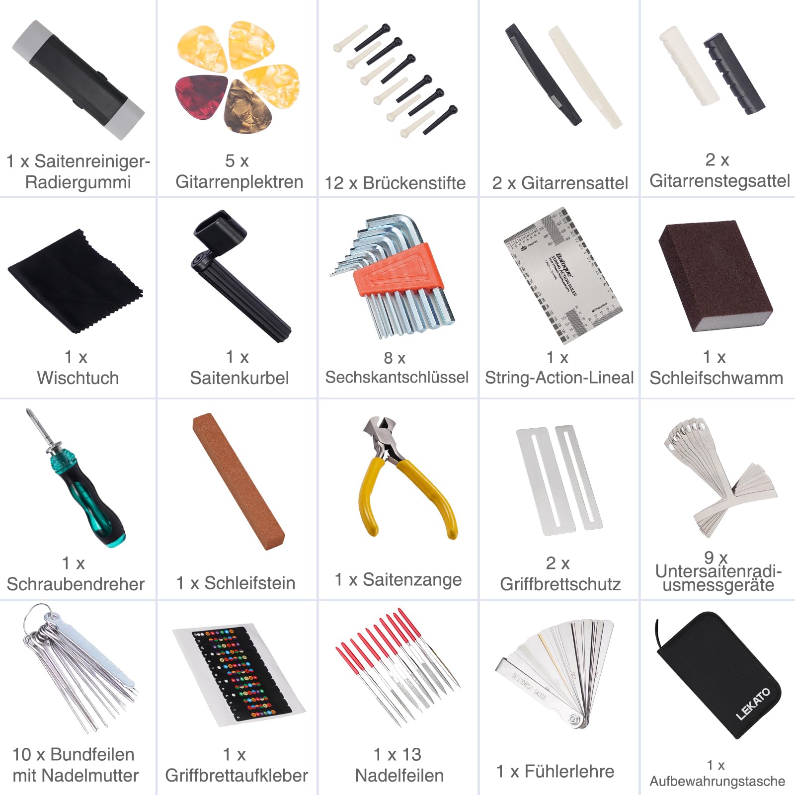 LEKATO Gitarre Reparatur Set, 72Stk Gitarren Pflege Wartung Zubehör mit Brückenstifte Gitarrensattel Saitenkurbel String-Action-Lineal Schraubendreher, Guitar Tool Kit für Guitare Ukulele Bass