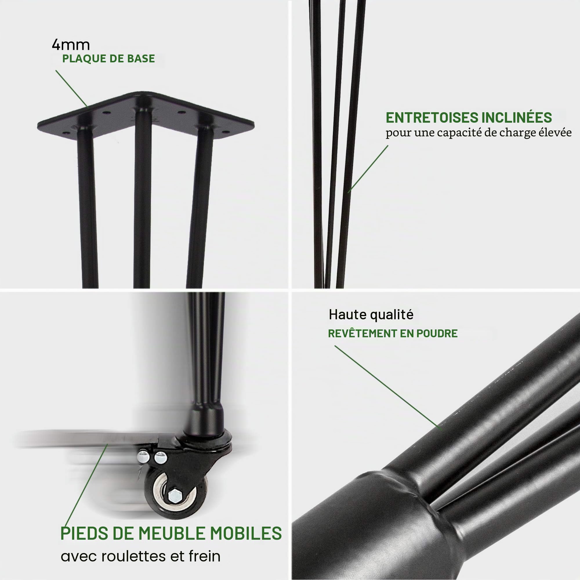 Natural Goods Berlin 4X Hairpin Legs Adjustable, Pieds de Table avec roulettes, Pieds en épingle à Cheveux, Cadre de Table, DIY (Noir, 72cm - Table à Manger/Bureau)