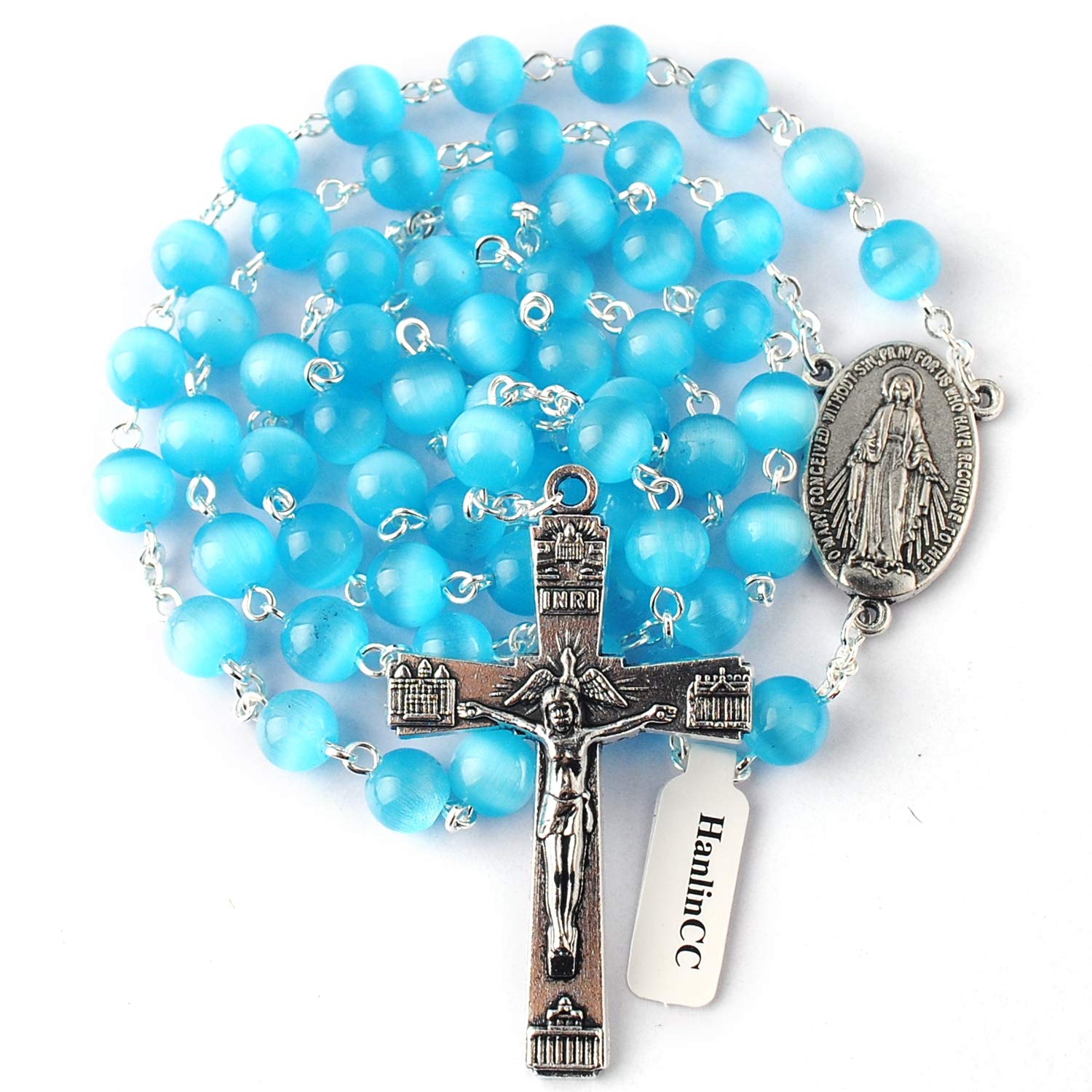 HanlinCC 8mm Light Blue Cat Eyes Beads Rosary Necklace with Miraculous Center Piece and Crucifix with Leather Gift Box
